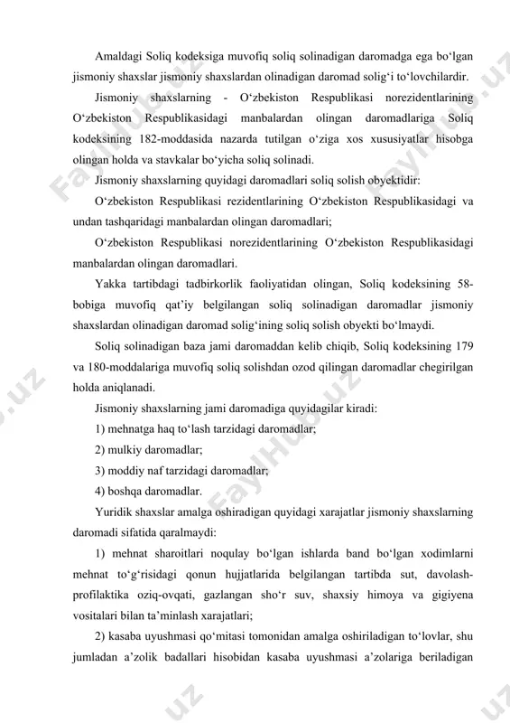 tlar jismoniy shaxslarning daromadi sifatida qaralmaydi: 1) mehnat sharoitlari noqulay bо‘lgan ishlarda band bо‘lgan xodimlarni mehnat tо‘g‘risidagi qonun hujjatlarida belgilangan tartibda sut, davolash-profilaktika oziq-ovqati, gazlangan shо‘r suv, shaxsiy himoya va gigiyena vositalari bilan ta’minlash xarajatlari; 2) kasaba uyushmasi qо‘mitasi tomonidan amalga oshiriladigan tо‘lovlar, shu jumladan a’zolik badallari hisobidan kasaba uyushmasi a’zolariga beriladigan moddiy yordam, bundan kasaba uyushmasi qо‘mitasining xodimlariga mehnat vazifalarini bajarganlik uchun beriladigan pul mukofotlari va boshqa tо‘lovlar mustasno; 3) xodimlarni ish joyiga olib kelish va qaytarib olib ketish xarajatlari; 4) diniy rasm-rusumlar va marosimlarni, bayram tantanalarini о‘tkazish, vakillik xarajatlari, shahar yо‘lovchilar transportida xodimlarning xizmat qatnovlari uchun foydalaniladigan yо‘l kartochkalarini olish, shuningdek yuridik shaxsning xodimlarning mehnat va dam olish sharoitlarini ta’minlash bilan bog‘liq hamda muayyan jismoniy shaxslarning daromadi hisoblanmaydigan boshqa xarajatlar; 5) xodimga xizmat vazifalarini bajarish uchun zarur bо‘lgan maxsus kiyim-bosh, maxsus poyabzal, formali kiyim-bosh berish xarajatlari yoki ularni pasaytirilgan baholarda sotish munosabati bilan qilingan xarajatlar, shuningdek qonun hujjatlarida …