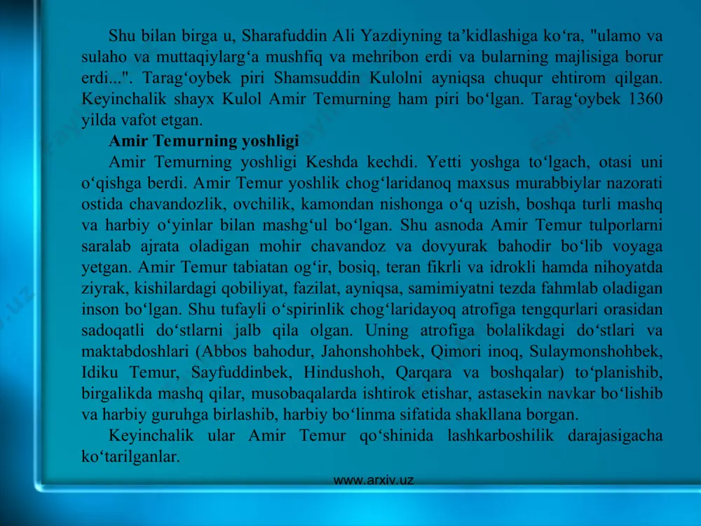 a nogʻora — tabl bilan yalov — bayroq tortiq qiladi. shubhasiz bu voqea katta siyosiy ahamiyatga ega edi. chunki u saltanatlik ramzi edi. amir temur buni yaxshi tushunardi. shuning uchun ham balxga yetmasdan oʻrpuz mavzeida u amir va noʻyonlari bilan kengash oʻtkazadi. koʻpchilikning xohish va ixtiyori bilan, oʻsha davr qonun-qoidalariga koʻra, chingiziylar avlodidan boʻlgan suyurgʻatmish oʻgʻlon movarounnahr podsholigi taxtiga oʻtqazildi. amir temur qoʻshini to balxga yetib borgunicha, unga yoʻl-yoʻlakay yangi-yangi kuchlar kelib qoʻshildi. shu asnoda amir husaynni koʻpchilik amirlari tark etdilar. jangda amir husayn qoʻshinlari yengildi, ikki kunlik qamaldan soʻng , 1370 yilning 10 apr.da balx sh. amir temurga taslim boʻldi. amir husayn asir olinib, qatl etildi. www.arxiv.uz www.arxiv.uz oq oʻrda bilan jang temurning oltin oʻrdaga qarshi 1391 yildagi yurishi temurning oltin oʻrdaga qarshi 1395 yildagi yurishi www.arxiv.uz www.arxiv.uz amir temur movarounnahrni moʻgʻullar hukmronligidan ozod etib, bu qad. mamlakatda mustaqil davlat barpo etgan boʻlsada, hali mamlakatda barqaror tinchlik oʻrnatilgan emas …