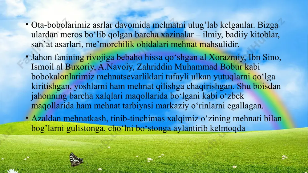 olishga o‘rgatish. bolalarda bo‘lajak mehnat faoliyatini shakllantirish, mehnat jaryonlarini mehnatda qatnashuvchilar o‘rtasida taqsimlash, mehnatda yaxshi natijalarga erishish malakalarini shakllantirish. mehnat faoliyatining dastlabki ijtimoiy sabablarini shakllantirish, buyumlar va harakatlarga qiziqish uyg’otish orqali mehnat natijalariga erishish, katta guruhlarda esa mehnatning ijtimoiy ahmiyatli ekanligini tushinib yetish. 12 mavzu yuzasidan nazorat uchun savol va topshiriqlar: 1.mehnat tarbiyasining nazariy asoslari haqida gapirib bering. 2. maktabgacha ta’lim tashkilotida mehnat tarbiyasining tashkil etish usullari. 3.yosh avlod tarbiyasida mehnat tarbiyasining vazifalari nimalardan iborat. 4.mehnat tarbiyasini tabiat qo’ynida tashkil etishning ahamiyati haqida so’zlab bering. 5. mehnat tarbiyasining tashkil etishga doir misollar keltiring. 6. mehnat tarbiyasiga oid maqollardan misol keltiring. 7.oilada mehnat tarbiyasi qanday tashkil etiladi. foydalanilgan adabiyotlar ro‘yxati: 1.yusupova p. maktabgacha tarbiya pedagogikasi. darslik. t.: o‘qituvchi. 1993 2. xasanboyeva o.u. va boshq. maktabgacha ta`lim pedagogikasi. darslik. t.: ilm ziyo. 2006. 3. sh.a.sodiqova. maktabgacha pedagogika. o‘quv qo‘llanma. tafakkur sarchashmalari t.:2013. 4. n.m.kayumova. maktabgacha pedagogika. o‘quv qo‘llanma. tdpu” nashriyoti t.:2013. 5. …