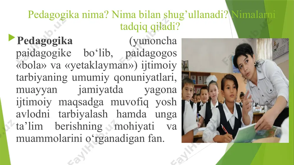 k kengash yig‘ilishi bayonnomalari yozilgan daftar, pedagogik kengash qarorlari, ta’lim muassasasi smetasi hamda pasporti, tarbiyaviy ishlar rejasi, o‘quv-tarbiya ishlarini tashkil etish borasidagi hisobotlar, ta’lim muassasasi jihozlari (o‘quv partalari, stol stullar, yumshoq mebellar va hokazolar) qayd etilgan daftar va hokazolar. test o‘z mohiyatiga ko‘ra quyidagi savollardan iborat: ochiq turdagi savollar (respondentlarning erkin, bafsil javob berishlari uchun imkon beruvchi savollar); yopiq turdagi savollar (respondentlar «ha», «yo‘q», «qisman» yoki «ijobiy», «qoniharli», «salbiy» va hokazo tarzdagi javob variantlarini tanlash orqali savollarga javob beradilar). to‘g‘ri javob variantlari qayd etilgan savollar (respondentlar o‘z yondashuvlariga ko‘ra to‘g‘ri deb topgan javob variantini belgilaydilar). bolalar ijodini o‘rganishning quyidagi shakllari mavjud: fan olimpiadalari; turli mavzulardagi tanlovlar; maktab ko‘rgazmalari; festivallar; musobaqalar. e’tiboringiz uchun raxmat image1.png image2.png /docprops/thumbnail.jpeg