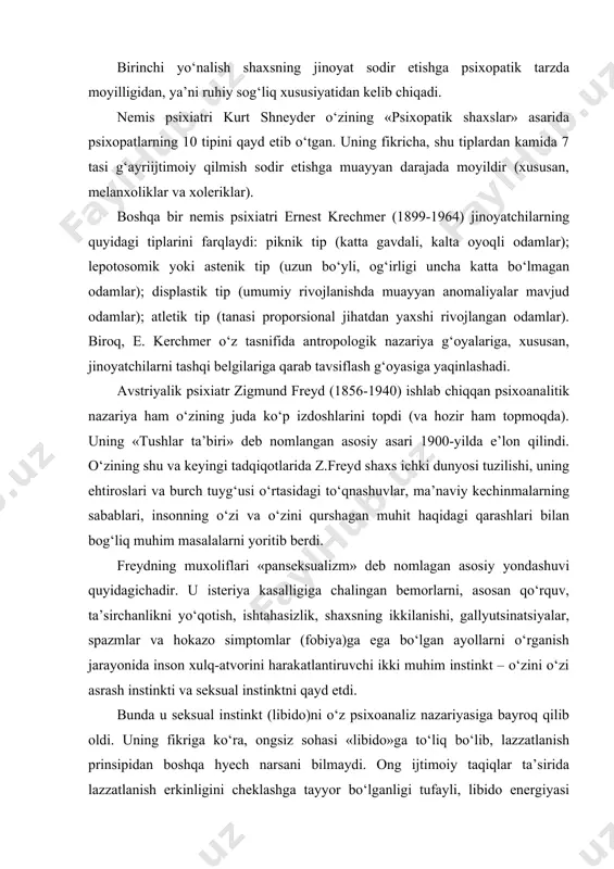 o‘qotish, ishtahasizlik, shaxsning ikkilanishi, gallyutsinatsiyalar, spazmlar va hokazo simptomlar (fobiya)ga ega bo‘lgan ayollarni o‘rganish jarayonida inson xulq-atvorini harakatlantiruvchi ikki muhim instinkt – o‘zini o‘zi asrash instinkti va seksual instinktni qayd etdi. bunda u seksual instinkt (libido)ni o‘z psixoanaliz nazariyasiga bayroq qilib oldi. uning fikriga ko‘ra, ongsiz sohasi «libido»ga to‘liq bo‘lib, lazzatlanish prinsipidan boshqa hyech narsani bilmaydi. ong ijtimoiy taqiqlar ta’sirida lazzatlanish erkinligini cheklashga tayyor bo‘lganligi tufayli, libido energiyasi tashqariga chiqish uchun «aylanma» yo‘llarni izlashga majbur bo‘ladi. u aqliy, hatto tana reaksiyalarida – nafaqat beozor, balki patologik reaksiyalarda, chunonchi: psixonevroz, isteriya va hokazolar ko‘rinishida va pirovard natijada g‘ayrihuquqiy qilmishlarda namoyon bo‘ladi. shunday qilib, freydning psixoanaliz nazariyasiga asosan, seksual (jinsiy) ehtiyojni qondirish inson xulq-atvorining asosiy yoki hal qiluvchi omili hisoblanadi. boshqacha qilib aytganda, uning qondirilishi ruhiy sog‘lomlik negizini tashkil etadi, uning qoniqmasligi esa g‘ayriijtimoiy qilmishlar ko‘rinishini kasb etishi ham mumkin bo‘lgan og‘ir asabiy va ruhiy kasalliklarni keltirib chiqaradi. freyd ta’limoti emil dyurkgeym …