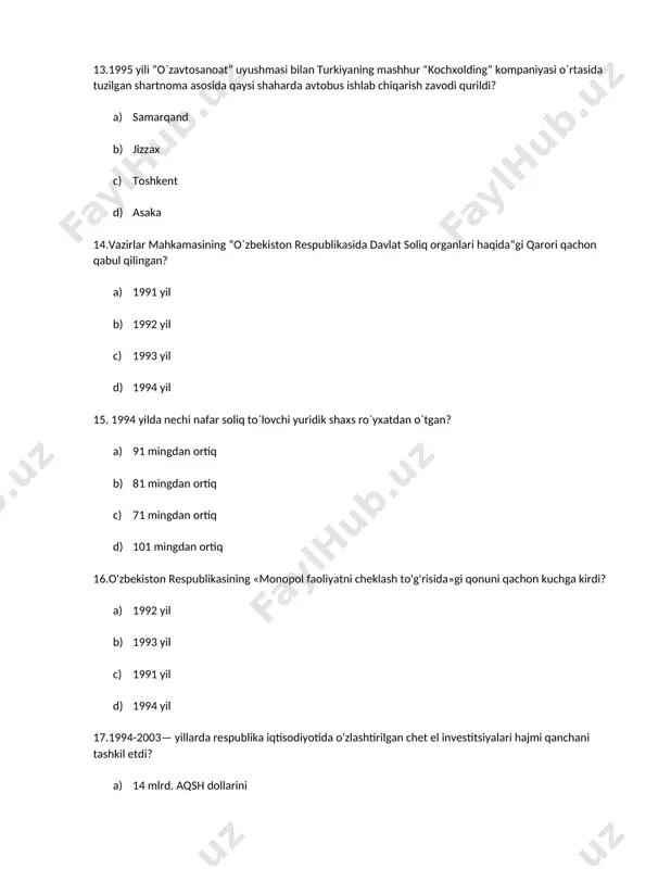 yida bo`lib o`tgan o`zbekiston respublikasi qonunchilik palatasi va senati xamda viloyat tuman, shaxar kengashlariga deputatlar saylovlari qaysi shior asosida bo`lib o`tdi? a) “yangi o`zbekiston-yangi saylovlar”. b) “demokratik saylovlar”. c) “birdamlik xarakati saylovlar”. d) “yangi saylovlar yili”. 28. jaxon bankining 2019 yil “biznes yuritish” reytingida o`zbekiston nechanchi o`rinni egalladi? a) 190 davlat orasida 8 o`rin. b) 190 davlat orasida 10 o`rin. c) 190 davlat orasida 11 o`rin. d) 190 davlat orasida 5 o`rin. 29.2019 yilda ishlab kelayotgan pensionerlarga qanday yengilliklar berildi? a) ularning pensialari to`liq to`lana boshlandi. b) ularning pensialari 10 % oshdi. c) ularning pensialari plastik kartasi orqali to`lana boshlandi. d) ularning pensialari naqd pul sifatida to`landi. 30.2019 yilda mamlakatlarda oliy ta’lim muassasalari sonida qanday o`zgarish sodir bo`ldi? a) 19ta yangi oliy o`quv yurti, jumladan 9ta nufuzli xorijiy universitetlarning filiali ochildi. b) 50ta yangi oliy o`quv yurti, jumladan 25ta nufuzli xorijiy universitetlarning filiali ochildi. c) 30ta yangi oliy o`quv yurti, …