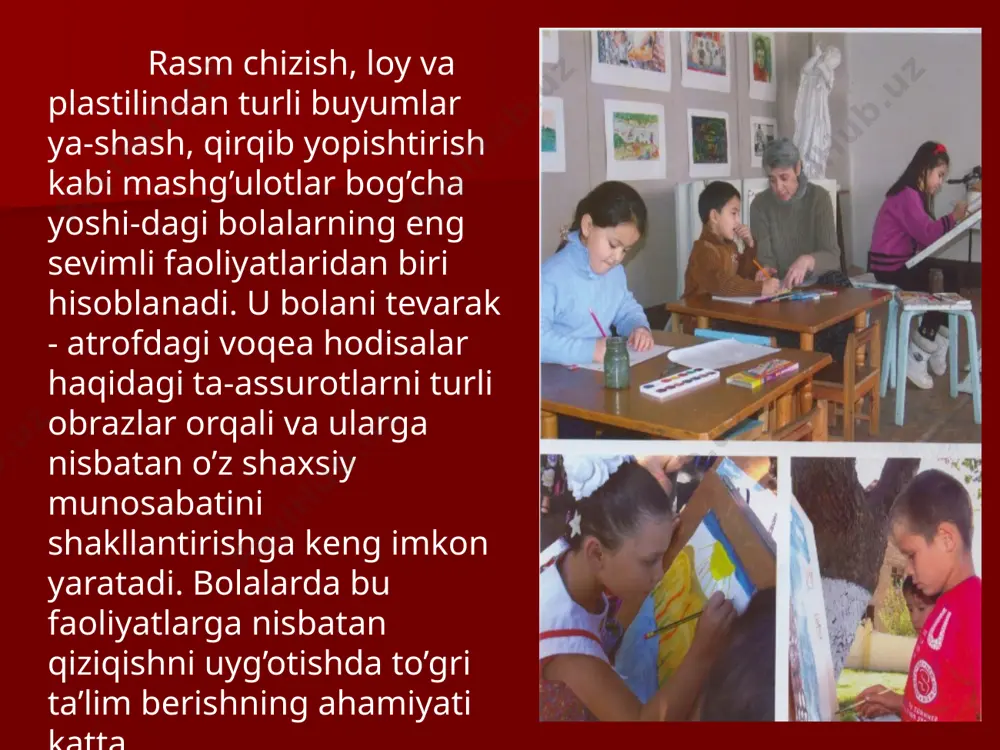 arligi katta o’rin egallaydi. loy va plastilin bilan ishlash birinchi galda, bolalarni loyning xususiyatlari bilan tanishtirish ( yumaloq, bo’laklarga bo’linadi, undan narsalar yasash). tarbiyachi loy ishida birinchi navbatda saranjom sarishtalikka orgatib borishi, loy ishini faqat maxsus taxtacha ustida bajarish mumkinligini uqtirih lozim. bunda asosan qo’l malakasini oshirish talab etiladi. buyum yasashda etibor beriladigan jihatlar narsaning tuzilishi, hajmi, qismlar orasidagi mutanosiblik va sifat. applikatsiya tasviriy faoliyat turlaridan bo’lgan qirqib yopishtirish kichik guruhdan boshlab o’rgatiladi. applikatsiyaning asosiy masadi, bolalarni rang, shakl bilan tanishtirish, mo’qalam, yelimdan to’g’ri foydalanishga o’rgatish, texnik malakalarini shakllantirishdan iborat. shu bilan birga buyumlar tasvirini qog’oz sathida to’g’ri joylashtirishga, shakllarning rangiga qarab joylashtirishga, shakllar- ning rangiga qarab joylashtirishga shakllarning rangiga qarab joylashtirishga o’rgatishdan iborat. qurish-yasash. bolalar bog’chasida o’tkaziladigan qurish- yasash ishlari bola shaxsini xar tomonlama rivojlantirishda uning ijodkorligini taraqqiy ettirishda katta imkoniyatga egadir. bolalar ijodkorligi faol jarayon bo’lib, unda bola o’zi uchun yangilik yaratadi. bu jarayonda ularning fazoviy tasavvurlari shakllanadi, …