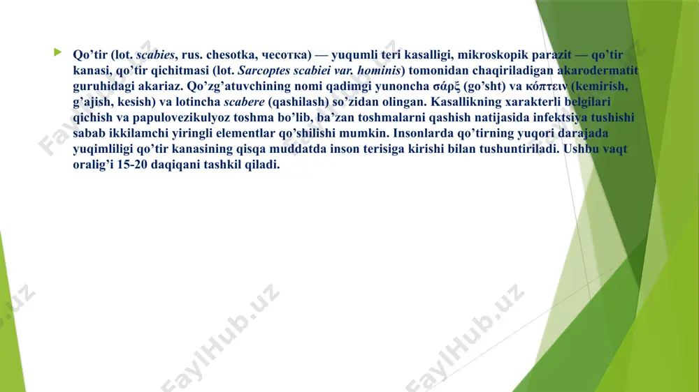 i ro’zg’or buyumlari (uy-ro’zg’or buyumlari, to’shak va boshqalar) orqali yuqishi to’g’risida eskirib qolgan ma’lumotlarni qayta yozishda davom etsa-da, mutaxassislar bunday yuqish yo’li juda kam ehtimolli deb hisoblashadi. istisnolik hollari bemorning tanasida bir necha million kanalar yashaydigan norvegcha qo’tir (rus. норвежская чесотка) hisoblanadi (odatda kanalar soni 10-20 tani tashkil qiladi). qo’tirning uzatilishida bevosita teri bilan kontakt qilish ustunligini isbotlovchi asosiy tajriba 1940-yilda mellanby rahbarligida buyuk britaniyada amalga oshirilgan. o’z ixtiyorlari bilan sezilari qo’tiri bo’lgan bemorlar hozirda turgan to’shakka yotib, kasallanish yo’llarini o’rganishda qatnashgan 272 kishidan faqatgina 4 tasi kasallanganligi qayd etildi. parazit yuqishining bunday xususiyatlari uning biologiyasi haqidagi quyidagi ma’lumotlar bilan izohlanadi: qo’tir kanasi kunduzi faol bo’lmaydi; urg’ochilar faqat kechki vaqt va tunda yuzaga chiqadi; kanaga xo’jayin terisiga kirib borishi uchun taxminan 30 daqiqa kerak; tashqi muhitda kana tezda vafot etadi (21 °c va 40-80% namlikda parazit 24-36 soat ichida halok bo’ladi), qanchalik issiq va quruqroq bo’lsa, shuncha tezroq; kana faolligi …