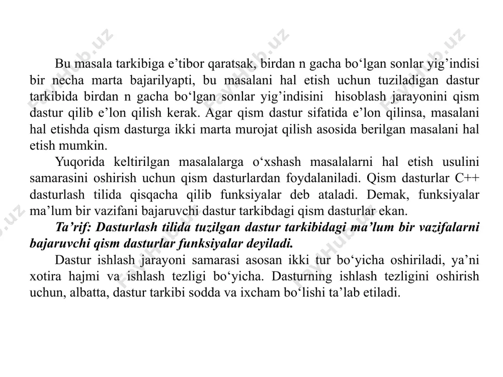 i va ikkita butun sonning yig’indisini hisoblovchi funksiyalarni quyidagicha e’lon qilish kerak: birdan n gacha bo‘lgan butun sonlarning yig’indisini hisoblash uchun sum nomi bilan int sum(int n) funksiya yaratiladi. funksiyani natijasi butun tur bo‘ladi, chunki butun turdagi sonlarning yig’indisi, albatta, butun bo‘ladi. sum(int n) funksiyasining argument sifatida bitta n soni qabul qilinadi, chunki birdan n gacha sonlar yig’indisini hisoblash jarayoni faqat n ga bog’liq bo‘ladi. ikkita sonning yig’indisini hisoblash uchun int yig(int a, int b) funksiyasi yaratiladi. funksiya qaytaradigan natija turi butun bo‘ladi, chunki butun turdagi sonlarning yig’indisi, albatta, butun bo‘ladi. yig’indini hisoblash funksiya argumenti ikkita a va b sonlari qavs ichida turi bilan keltiriladi, chunki ikki sonning yig’indisi ikkita butun songa bog’liq bo‘ladi. har doim ham funksiya natijasining turi argument turi bilan bir xil bo‘lmaydi. #include double nisbat(int a, int b); using namespace std; int main() { } ikki sonning nisbatini aniqlovchi funksiyani quyidagicha e’lon qilinadi. ikki sonning nisbatini …