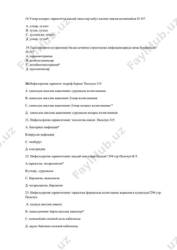 апия 36. болаларда бурма ости бушлиги тузилишининг узгачалиги кандай булади? п-359 а. хикилдокнинг мушак, тогай каватлари яхши ривожланган в. хикилдокнинг кон билан таъминланиши язши ривожланган с.мушак кавати яхши ривожланган, инфекцияга енгил реакция билдиради д. гавак клетчатка кучли ривожланган инфекцияга енгил реакция билдиради* 37. елгон бугмада кай вактда боланинг холати емонлашади п-360 а. овкат егандан сунг в. кун давомида с. эрталаб д. тунда* 38. елгон бугмада хансираш канча вакт давом этади? п360 а. 10 мин в. 20 мин с. 30 мин* д. 40 мин 39. елгон бугмада ларингоскопик куриниши кандай булади? п360 а. шарсимон шиши, гиперемия в. валиксимон, симметрик шиш, гиперемия* с. овал шиш, гиперемия д. юмолок шиш, инфильтрация, гиперемия 40. дифтерияда овоз бурмалари остида нима булади? п-360 а. йирингли пленка в. шиллик пленка с. фибриноз пленка* д. дифтерик пленка 41. бурма ости ларингитада йутал кандай булади? п-360 а. коробкасимон в. туканоксимон с. урувчи (лающий)* д. оддий 42. елгон бугмада кайси …
