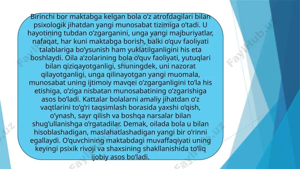 fiziologlarning fikriga ko‘ra, 7 yoshga kelib bolaning katta miya yarim sharlari ma’lum darajada rivojlangan bo‘ladi. lekin bu yoshda inson miyasining psixik faoliyatni rejalashtirish, boshqarish, nazorat qilish kabi murakkab shakllariga javob beradigan maxsus bo‘limlari hali to‘liq shakllanib bo‘lmagan bo‘ladi.( miyaning bu qismlari 12 yoshda rivojlanib bo‘ladi.) miyaning boshqaruv funksiyalarini to‘liq shakllanib bo‘lmaganligi kichik maktab yoshidagi bolalarning xulq-atvorida, faoliyatlarini tashkil etishlarida va emotsional sohalarida yaqqol namoyon bo‘ladi. bu davrda bola, fan asoslarini o‘rga- nish uchun biologik va psixologik jihatdan tayyor bo‘ladi. fiziologlarning fikriga ko‘ra, 7 yoshga kelib bolaning katta miya yarim sharlari ma’lum darajada rivojlangan bo‘ladi. lekin bu yoshda inson miyasining psixik faoliyatni rejalashtirish, boshqarish, nazorat qilish kabi murakkab shakllariga javob beradigan maxsus bo‘limlari hali to‘liq shakllanib bo‘lmagan bo‘ladi. miyaning boshqaruv funksiyalarini to‘liq shakllanib bo‘lmaganligi kichik maktab yoshidagi bolalarning xulq-atvorida, faoliyatlarini tashkil etishlarida va emotsional sohalarida yaqqol namoyon bo‘ladi. bunday bolalarda eng avvalo miya strukturasining va nerv psixik jarayonlarining maktabda o‘qish uchun …