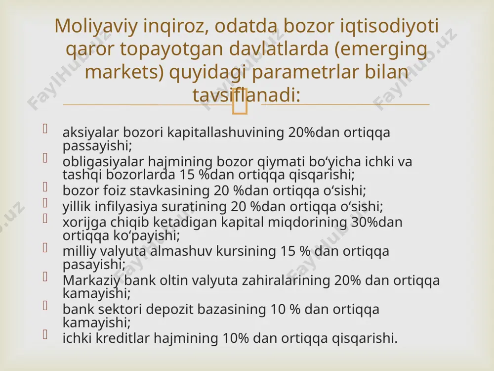 oliyaviy beqarorlik (kuchli yoki oʻsib borayotgan inflyatsiya, tovarlar narxlari va moliyaviy aktivlar narxining keskin oʻzgarishi, real foiz stavkalarining yuqori yoki koʻtarilayotgan darajasi, mamlakatdan va milliy iqtisodiyotdan kapitalning katta yoki koʻpayib borishi, davlatning oltin-valyuta zahiralarining passayishi, milliy valyuta kursining keskin oʻzgarishi va boshqalar), bunday beqarorlikning yanada kuchayishi haqida jamoatchilikning taxminlari; markaziy bank va boshqa tartibga soluvchi tashkilotlar tomonidan yuridik shaxslar faoliyatini tartibga solish siyosati va amaliyotining etarli emasligi (tegishli faoliyat uchun me’yoriy-huquqiy bazaning etishmasligi, norasmiy nazorat va tartibga solish, bank sohasida yuzaga keladigan muammolarga oʻz vaqtida va yetarli darajada javob bermaslik va boshqalar); milliy biznes hamjamiyatining (real sektor) ichki bank sektoriga nisbatan adolatsiz siyosati (xorijiy banklarga kapital qoʻyilishi); aholining mamlakat moliya tizimiga va xususan milliy bank tizimiga boʻlgan ishonchining past yoki passaygan darajasi (bunday munosabatni keltirib chiqaradigan sabablardan qat’iy nazar). bank tizimi (sektori) inqirozining tashqi sabablari orasida eng muhimlari quyidagicha koʻrib chiqilishi mumkin:  yaponiyadagi (1991-2001) inqiroz jarayonlari sezilarli darajada uzoq …