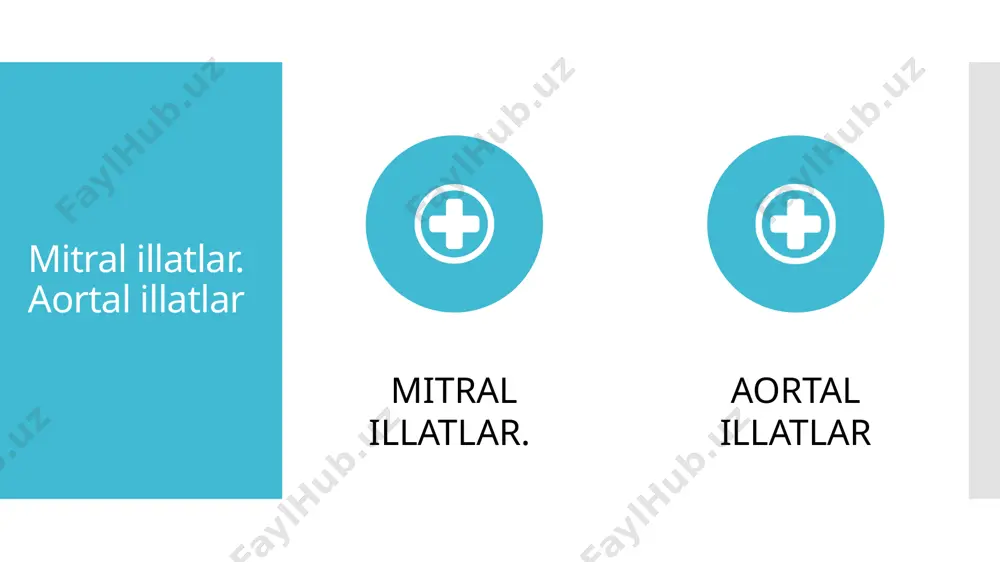 lari paydo bo’ladi. mitral illatlar. davolash. yurak yetishmovchiligi ko’rsatkichlari paydo bo’lganda amalga oshiriladi. yurak glikozidlari, diuretiklar va periferik vazodilatatorlar qollaniladi. xirurgik davolash (protezlash yoki anuloplastika) refrakter yurak yetishmovchiligi iii-iv bosqichi (bakulev va damir bo’yicha) rivojlanganda qollaniladi. mitral illatlar. mitral stenoz chap atrioventrikulyar teshik torayishi qonning chap bo’lmachadan chap qorinchaga tushishiga tosqinlik qiladi. bo’lmacha ichi bosimi oshadi, bu bir tomondan o’pka venalari retrograd bosim ortishiga, ya'ni venoz gipertenziyaga, boshqa tomondan - o’pkadagi arteriolalarning reflektor torayishiga olib keladi (kitaev refleksi). o’pka gipertenziyasi rivojlanishi yurakning o’ng bo’limlari gipertrofiya va dilatasiyasiga olib keladi va uch tavaqali klapanning nisbatan yetishmovchligini yuzaga chiharadi. natijada katta qon aylanish doirasida dekompensasiya rivojlanadi. klinik manzarasi. bjshlang’ich, yo’ki "auskultativ" bosqichida sub'ektiv simptomlar kuzatilmaydi, yurak o’lchamlari ozgarmagan. auskultasiyada tovush hodisalarining tipik kompleksi aniqlanadi: yurak chu?hisida presistolik kattalashuvchi diastolik shovqin, harsillovchi i ton, o’pka arteriyasi ustida ii ton aksenti va ikkilanishi, uni "mitral stenoz ohangi" deb atashadi. yurak cho’qqisida mitral klapan ochilishi …