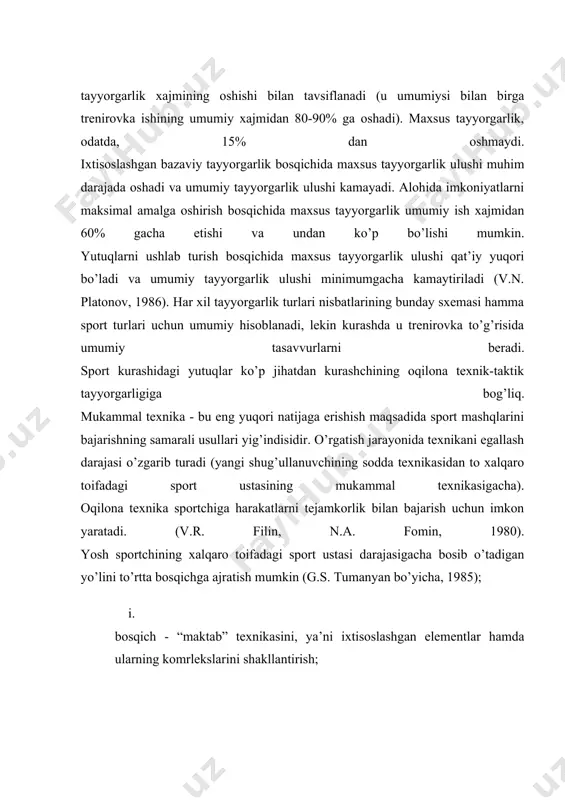 akllantirish: texniktaktik komplekslar novd a chala r so’zl ar ii bosqich bazaviy texnikani shakllantirish: -taktik tayyorgarlik; · usullar; · qarshi usullar; · himoyalanishlar. tana bo’g’ inlar- harflar i bosqich “maktab” texnikasi, ya’ni ixtisoslashgan elementlar va ularning komplekslarini shakllantirish ildiz -rasm. kurashchilar ko’p yillik tayyorgarligida texnik-taktik tayyorgarlik mazmuni va bosqichlari (g.s.tumanyan bo’yicha). ko’p yillik texnik-taktik tayyorgarlikning har bir bosqichida “o’sish o’lchamini” aniqlash va musobaqalarda qayd qilingan tth ni baholash tizimidan foydalanish lozim. sport kurashi bo’yicha maxsus ilmiy-uslubiy adabiyotlarni har tomonlama tahlil qilish natijasida professor i.i. alixonov, 1986) kurashchining texnik-taktik tayyorgarligini ko’p yillik rejalashtirishni ishlab chiqdi. -jadvalning tahlili ushni ko’rsatadiki, kurash texnikasi elementlari va taktik tayyorgarlik usullari, asosan, 10-15 yoshda o’rganilishi lozim (i.i. alixanov, 1986) texnik-taktik mahoratni kelgusida takomillashtirish o’smirlik hamda o’spirinlik yoshlarida amalga oshiriladi. tayyorgarlik rejasidagi mashqlar shiddati v.r. andreev va a.a. novikov shkalasi bilan baholanadi. shu shkalaga muvofiq yuqt: 1 ball - 10 s ichida 18-19 zarba, 2 ball - …