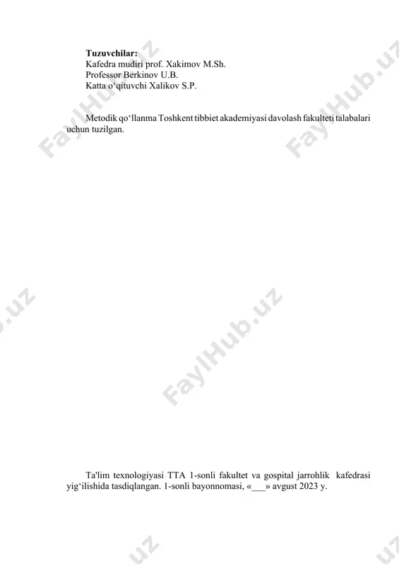ik xususiyatlari va mumkin bo‘lgan variantlarini muhokama qilish. - boshqa kasalliklar bilan differensial diagnostika tamoyillarini tushuntirish. - kasallarni o‘z vaqtida erta aniqlash va jiddiy asoratlarni rivojlanishidan oldin davolash uchun ixtisoslashtirilgan muassasalarga yuborish ko‘nikmalarini rivojlantirish. - talabalarni davolashning yangi usullari va profilaktika choralari bilan tanishtirish. o‘quv natijalari: talaba bilishi lozim: - diagnostika va differensial diagnostika uslublari; - tashxisni asoslash va ratsional davoni tanlash uchun instrumental-diagnostik tekshiruvlarni interpretatsiya qilish; - ushbu bemorlarning amaliyot oldi tayyorlashning o‘ziga xos xususiyatlari; - operativ va konservativ davolash uchun ko‘rsatmalar, ularning o‘ziga xosligini bilish; - amaliyot davri va undan keyingi davrda asoratlarni oldini olish; - jarroxlik kasalliklari bilan xastalangan bemorlarni tekshirish bo‘yicha amaliy ko‘nikmalarni o‘zlashtirish; - maxsus tekshiruv usullarni o‘rganish. talaba bajara olishi lozim: - amaliy ko‘nikmalarni bajara olishi – jarroxlik kasalliklari bilan xastlangan bemorlarni tekshirish bo‘yicha amaliy ko‘nikmalarni o‘zlashtirish, maxsus tekshiruv usullarni o‘rganish, operativ va konservativ davolash uchun ko‘rsatmalar va qarshi ko‘rsatmalarni bilish. o‘qitish texnikasi va …