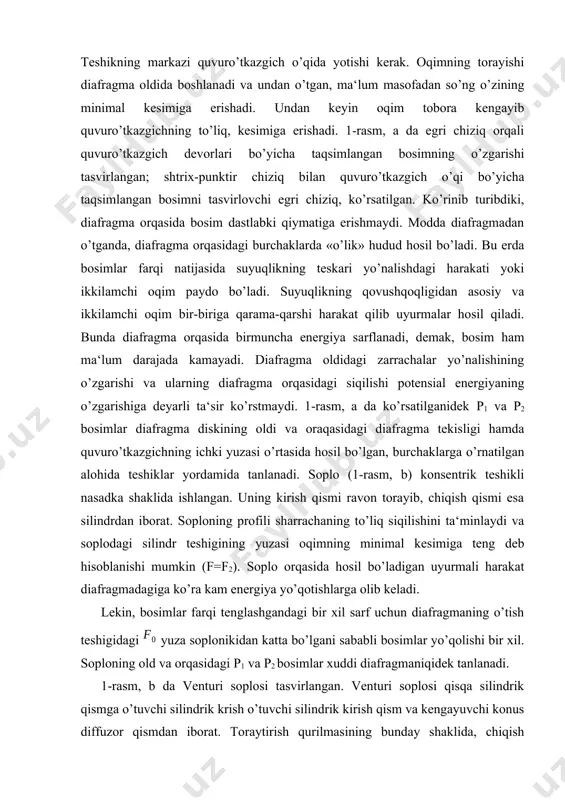tirish qurilmasi teshigining yuzasi, m massa sarfi hajmiy sarf va suyuqlik zichligi ko’paytmasiga teng: . (2) tajribalarning ko’rsatishicha, sarf koeffitsienti modda turiga bog’liq bo’lmay, asosan toraytirish qurilmasining turi va hajmiga hamda reynolds soniga, ya‘ni oqimning fizikaviy xossalariga bog’liq: α=f(re, f0, d) bu еrda d – quvur diametri. siqiluvchi muhit sarfini o’lchashda, ayniqsa, bosimlar farqi katta bo’lganda, modda oqimi toraytirish qurilmasidan o’tayotgandagi bosimning o’zgarishi natijasida modda zichligining o’zgarishini e‘tiborga olish zarur. lekin gaz yoki bug’ning toraytirish qurilmasidan o’tish vaqti ko’p bo’lmagani sababli, moddaning siqilishi va kengayishi adiabatik ravishda, ya‘ni issiqlik almashuvsiz o’tadi. unda quyidagi tenglama o’rinli bo’ladi: (3) bu еrda н – adiabata ko’rsatkichi. (1), (2), (3) tenglamalarni birgalikda еchsak, gaz yoki bug’ sarfini hisoblash formulalari quyidagi shaklga keladi: ; (4) (5) bu еrda ε- kengayish koeffitsientiga kiritilgan tuzatish. (6) demak, gaz va bug’ sarfini hisoblash formulalari suyuqlik sarfini hisoblash formulasidan ε koeffitsientining mavjudligi bilan farq qiladi. agar ε=1 bo’lsa, bu …