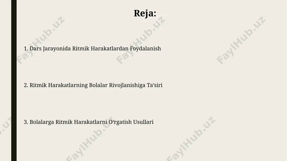 azida ishlab chiqilgan maxsus uslubiy qo'llanma, ritmik harakatlarni o'rgatishda 3 ta asosiy bosqich – tayyorgarlik, asosiy va yakuniy bosqichlardan iborat bo'lib, bu esa o'quv jarayonini samarali tashkil etishga imkon beradi. bolalarga ritmik harakatlarni o'rgatishning ahamiyati bolalarga ritmik harakatlarni o'rgatish, 5-7 yoshdagi bolalarning kognitiv rivojlanishiga ijobiy ta'sir ko'rsatib, xotira va e'tiborni 20% ga oshirishi mumkin, bu esa toshkentdagi o'quv muassasalarida o'tkazilgan tadqiqotlar bilan tasdiqlangan. ritmik harakatlar orqali, bolalar musiqa nazariyasini 15% tezroq o'rganadilar va ijodkorlik darajalari 25% ga oshadi, bu andijon shahridagi musiqa maktablarida amaliyotda tasdiqlangan. ritm va musiqaning asosiy tushunchalari ritmik harakatlarni o‘rgatishda, toshkentdagi musiqa maktablarida qo‘llaniladigan 5-7 ta asosiy harakat elementlarini (masalan, qadam bosish, qo‘llarni silkitish) bosqichma-bosqich o‘rgatish samarali. bolalarga ritmni 3/4 va 4/4 o‘lchovlari orqali, masalan, "qo‘shiqchalar" qo‘shig‘i kabi 3-4 yoshli bolalar uchun moslashtirilgan oddiy qo‘shiqlar yordamida o‘rgatish mumkin. bolalarning yutuqlarini baholash va rag'batlantirish ritmik harakatlarni o‘zlashtirish darajasini baholashda, 10 ta turli xil mashqlarni bajarish vaqtini o‘lchash, 7 …