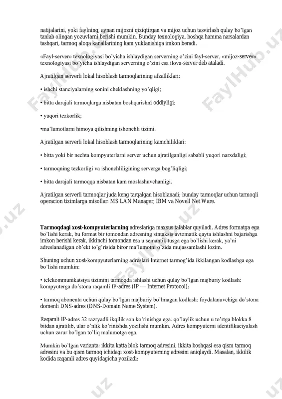 va ma’lumotlarni mijozga uzatadi. mijoz olingan ma’lumotlarni qayta ishlaydi va qayta ishlash natijalarini foydalanuvchi uchun qulay ko’rinishda tasvirlaydi, ma’lumotlarni qayta ishlash serverda ham bajarilishi mumkin. serveri faqat ma’lumotlarni tashkil etish, saqlash va mijozlarga kerakli ma’lumotlarni berish jarayonlarini bajaradigan tizimlar «fayl-server» tizimi nomiga ega: serverda saqlash bilan bir qatorda ma’lumotlarni mazmunli qayta ishlash ham bajariladigan tizimlarni esa «mijoz-server» tizimlari deb atash qabul qilingan. ya’ni «mijoz-server» tizimida server aktiv rol o’ynaydi: u so’rovga butun faylni oddiygina berib qolmasdan, balki ma’lumotlarni oldindan qayta ishlashi va mijozga, yoki masalani echilgan natijalarini, yoki faylning, aynan mijozni qiziqtirgan va mijoz uchun tasvirlash qulay bo’lgan tanlab olingan yozuvlarni berishi mumkin. bunday texnologiya, boshqa hamma narsalardan tashqari, tarmoq aloqa kanallarining kam yuklanishiga imkon beradi. «fayl-server» texnologiyasi bo’yicha ishlaydigan serverning o’zini fayl-server, «mijoz-server» texnologiyasi bo’yicha ishlaydigan serverning o’zini esa ilova-server deb ataladi. ajratilgan serverli lokal hisoblash tarmoqlarining afzalliklari: • ishchi stanciyalarning sonini cheklashning yo’qligi; • bitta darajali tarmoqlarga nisbatan …