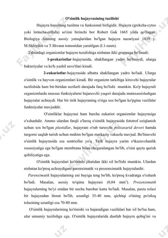 b, uzunligi 35-40 mm, qichitqi o'tining po'stloq tolasining uzunligi esa 70-80 mm. o'simlik hujayralarining ko'rinishi va bajaradigan vazifalari har xil bo'lsa ham, ular umumiy tuzilishga ega. o'simlik hujayralarida dastlab hujayra qobig'ini va ichki tarkibiy qismni farqlash zarur. hayotiy xossalar aynan hujayra ichki qismi bilan belgilanadi. uni protoplast deb ataladi. voyaga yetgan o'simlik hujayrasi vakuolaga ega, u hujayra shirasi bilan to'lgan bo'ladi. protoplast, sitoplazma va unda joylashgan yirik organellalaridan iborat: yadro, plastidalar, mitoxondriyalar va boshqalar. sitoplazma murakkab sistema bo'lib, unda goldji apparati, endoplazmatik to'r, ribosoma, mikronaycha va boshqa submikroskopik tuzilmalar joylashgan. organizmning hujayralari bir-birlari bilan plazmodesmalar deb ataluvchi sitoplazmatik ipchalar-kanalchalar bilan bog'langan bo'lib ular orqali hujayralararo moddalar almashinuvi ro'y berib turadi. hujayra po'sti. u hujayra va to'qimalarga mexanik mustahkamlikni beradi va protoplazmatik membranani vakuola shirasining gidrostatik bosimidan himoya qiladi hamda moddalarni yutilishida ishtirok etadi. yosh hujayralarda po'st o'sish qobiliyatiga ega. u protoplast komponentlaridan hosil bo'ladi. ona hujayra bo'linayotganda 2 dona yosh …
