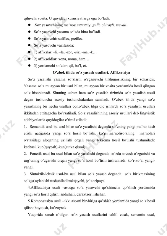 qo’shish yordamida yangi so’z hosil qilish: boyqush, ko’zoynak. yuqorida sanab o’tilgan so’z yasash usullarini tahlil etsak, semantic usul, fonetik usul, sintaktik-leksik usullar yansi so’z yasalishining emas, balki tilde yangi so’z hosil bo’lishining yo’llari ekanligi oydinlashadi. binobarin, yangi so’z yasash va yansi so’z hosilbo’lishi terminlarini bir-biridan farqlash kerak. shunday qilib, hozirgi o’zbek tilida so’z yasashning ikki asosi usuli mavjud: affiksatsiya va kompozitsiya. kompozitsiya usuli bilan so’z yasalishi kompozitsiya o’zbek tilidagi asosiy so’z yasash usullaridan bo’lib, bu usul yordamida qo’shma so’zlar yasaladi. o’zbek tili so’z yasalishiga oid ishlarda kompozitsiya usuli bilan so’z yasalishi deganda umuman qo’shma so’zlar, qo’shma so’zlar deganda esa kompozitsiya usuli bilan so’z yasalishi tushuniladi. lekin qo’shma so’zlarning hammasi ham kompozitsiya usuli bilan yasalgan emas, binobarin barchha qo’shma so’zlar kompozitsiya usuli bilan so’z yasalishining ob’yekti bo’lolmaydi. demak, qo’shma so’zlarning qanday turlari sixron so’z yasalishiga oidligini, so’z yasalishining qandayusuliga mansubligini farqlab olish muhim ahamiyatga ega. so’z yasalish tizimiga bag’ishlangan ishlarda kompozitsiya …