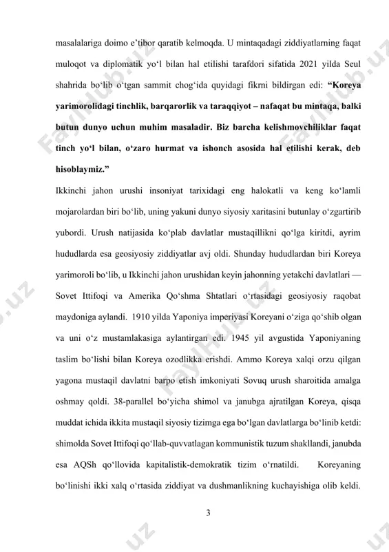 i. odamlar o‘z tillarini va madaniyatlarini yo‘qotishdan qo‘rqishardi. biroq, ko‘plab koreyslar tinchlik va erkinlikka bo‘lgan ishonchlarini yo‘qotmagan holda, mustaqillik uchun kurashishda davom etdilar. koreya 1910-yilda rasmiy ravishda o‘z mustamlakasi deb e’lon qilingan. koreya imperiyasi tugatildi va uning hududi yaponiya imperiyasi tarkibiga kiritildi. bu holat koreyada o‘z milliy hukumatining yo‘qolishiga, yaponiyaning mustamlaka siyosatining kuchayishiga olib keldi. koreyada mustaqillikka bo‘lgan intilish kuchayib borganiga qaramay, yaponiya bu harakatlarni shafqatsiz bostirib kelgan. yaponlashtirish siyosati orqali koreys tiliga taqiqlar qo‘yildi, koreys maktablari yopildi, va koreys tilida so‘zlashish majburiyati cheklab qo‘yildi. koreyadagi o‘quv muassasalarida yapon tili va madaniyatiga alohida e’tibor qaratildi. koreya xalqining an’anaviy kiyimlari, mazhablari va urf-odatlariga qarshi ham yaponlashtirish siyosati amalga oshirildi. yaponiya koreya resurslarini o‘z ehtiyojlari uchun ishlatgan. koreya yerlarida yetishtirilgan mahsulotlar, xususan qishloq xo‘jaligi mahsulotlari, yaponiyaning sanoatiga taqdim etildi. bu jarayon koreya xalqining eng og‘ir sharoitda yashashiga olib keldi. koreys fermerlari majburiy mehnatga jalb qilindi, ko‘plab koreyslar yaponiya uchun ishlashga majbur bo‘ldi. …