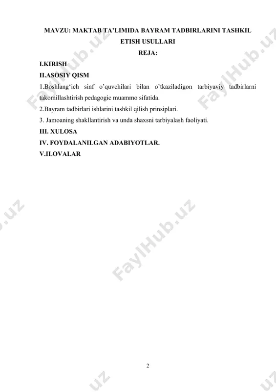 at darajasi, qadrlaydigan narsalar, ehtiyotlari, talablari, umidlari, aloqalari, munosabatlari kabi butun bir dunyosi bor. tarbiyada ana shular hisobga olinishi kerak. kurs ishining maqsadi: ma’naviy-ma’rifiy ishlar bo’yicha direktoro’rinbosarining lavozim majburiyatlari kurs ishining ob’ekti: direktor o’rinbosarlarining ishlarni tashkil etish metodikasini organish va tadqiq qilish. kurs ishining predmeti: maktabdan tashqari ishlarni tashkil etish metodikasining mazmuni, shakli, vosita va metodlari. kurs ishining vazifalari: mavzuga doir tibbiy, pedagogik, psixologik adabiyotlarni taxlil qilish va umumlashtirish. 2. ma’naviy-ma’rifiy ishlar bo’yicha direktoro’rinbosarining lavozim majburiyatlari 3. direktor o’rinbosarining ota-onalar bilan ishlash metodikasi. kurs ishining metodologik asoslari: o’zbekiston respublikasi konstitutsiyasi, “inson huquqlari umumjaxon deklaratsiyasi”, o’zbekiston respublikasining yangi tahrirdagi “ta’lim to’g’risida”gi qonuni, boshlang’ich ta’lim konsepsiyasi, o’zbekiston respublikasi prezidenti sh.m.mirziyoyevning 2017 yil 7-fevraldagi farmoni bilan 2017-2021-yillarda o‘zbekistonni rivojlantirishning beshta ustuvor yo‘nalishi bo‘yicha harakatlar strategiyasi, «2022–2026 yillarga mo’ljallangan yangi o’zbekistonning “taraqqiyot strategiyasi” ,“o’zbekiston respublikasida “oila institutini mustahkamlash konsepsiyasini tasdiqlash” to’g’risida, hukumat qarorlari va ilg’or tajribalar. kurs ishining amaliy ahamiyati: tadqiqot jarayonida ilgari surilgan …