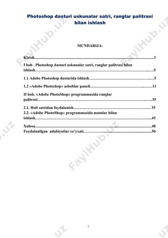 larini qo‘llash imkoniyatini beradi. ushbu xususiyatlarni qo‘llash uchun dastur o‘zining psd va psb fayl formatlarini ishlatadi. rastrli grafikadan tashqari dastur vektorli grafika va 3d grafikalar bilan ishlash uchun cheklangan imkoniyatlari mavjud. photoshop dasturi tasvirlarni piksellar to‘plami sifatida yaratadi. photoshop dasturining mo‘yqalam, aerograf, pero va qalam kabi uskunalari yordamida tasvirni rassom kabi xolatda yaratib olish mumkin. dasturdagi barcha uskunalarning xususiyatlarini foydalanuvchi talabiga mos ravishda o‘zgartirib olish mumkin. photoshop dasturining ustunlik tomonlaridan biri bu qavatlarning qo‘llanilishi. har bir qavatni tasvirning qolgan qismiga ta’sir qilmagan holda mustaqil ravishda o‘zgartirish va xususiyatlarini belgilab olish mumkin. photoshop dasturining asosiy qo‘llanilish sohasiga tasvirlarni retushlash, matn bo‘laklarini o‘z ichiga oluvchi kompozitsiyalarni yaratish, boshqa grafik muharrirlarda yaratilgan tasvirlarni tahrirlash, dasturning uskunalari va vositalaridan foydalanib chizish texnikasini taqlid qilgan holda tasvir yaratish kiradi. photoshop dasturining asosiy imkoniyatlariga raqamli tasvirlarni qayta ishlash, ranglarni sozlash, tasvir nuqsonlarini yo‘qotish, ko‘p qavatli tasvirlarni yaratish, fotomontaj, fotokollajlarni yaratish, retushlash va eski rasmlarni tiklash, eskizlar …