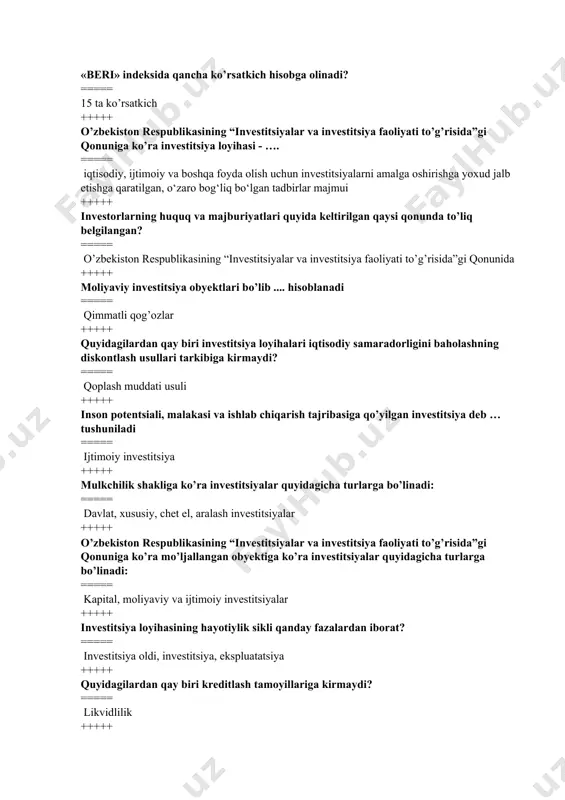 og’ozlar +++++ quyidagilardan qay biri investitsiya loyihalari iqtisodiy samaradorligini baholashning diskontlash usullari tarkibiga kirmaydi? ===== qoplash muddati usuli +++++ inson potentsiali, malakasi va ishlab chiqarish tajribasiga qo’yilgan investitsiya deb … tushuniladi ===== ijtimoiy investitsiya +++++ mulkchilik shakliga ko’ra investitsiyalar quyidagicha turlarga bo’linadi: ===== davlat, xususiy, chet el, aralash investitsiyalar +++++ o’zbekiston respublikasining “investitsiyalar va investitsiya faoliyati to’g’risida”gi qonuniga ko’ra mo’ljallangan obyektiga ko’ra investitsiyalar quyidagicha turlarga bo’linadi: ===== kapital, moliyaviy va ijtimoiy investitsiyalar +++++ investitsiya loyihasining hayotiylik sikli qanday fazalardan iborat? ===== investitsiya oldi, investitsiya, ekspluatatsiya +++++ quyidagilardan qay biri kreditlash tamoyillariga kirmaydi? ===== likvidlilik +++++ mamlakatimizdagi qonunchilikka ko’ra qaysi obyektlarga investitsiyalash ta’qiqlanadi? ===== sanitar–gigiyena, ekologik, arxitektura – shaharsozlik normalariga javob bermaydigan obyektlarga investitsiya siyosati bu… ===== davlatning investitsiya resurslarni jalb qilish, ularni samarali joylashtirish va foydalanilishi bilan bog’liq bo’lgan siyosat +++++ investitsiya faoliyati subyektlarining investitsiyalarni amalga oshirish bilan bog‘liq harakatlari majmui qanday ataladi? ===== investitsiya faoliyati +++++ «investitsiyalar va investitsiya …