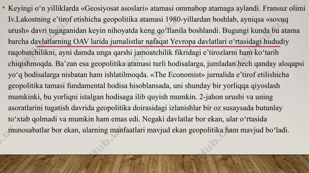 tashlasada, uning mulohazalari bevosita geosiyosiy ahamiyatga molik edi. umuman borliqdagi asosiy geosiyosiy omillar quyidagi koʻrinishlarda namoyon boʻladi: siyosiy (davlatning siyosiy tuzilishi va uning oʻziga xos xususiyatlari, davlatdagi ijtimoiy qatlamlar, davlatning chegaralari va h.); geografik (borliqda joylashuv holati, tabiiy resurslari, fauna va flora dunyosi va h.); iqtisodiy (aholining turmush darajasi, ishlab chiqaruvchi kuchlar qudrati va tuzilishi va h.); madaniy (milliy an’analar, madaniy qadriyatlar, fan va ta’lim taraqqiyoti darajasi va h.); demografik (aholi tarkibi va joylashuvi, aholi oʻsish darajasi va h.); harbiy (qurolli kuchlarining qudrati va harbiy tayyorgarligi, harbiy mutaxassislarni tayyorlash darajasi va b.); ekologik (aholining davlatlar va mintaqalar tabiiy resurslarining chegaralanganligiga munosabati, xom-ashyo zahiralarining kamayishi va h.); geosiyosat oʻz qamrovi jihatidan koʻpqirrali va juda kengdir. zamonaviy geosiyosat mundarijasi jahon siyosati, hokimiyat muammosi va jamiyatdagi ustuvor mafkuralar omillari bilan bilvosita va bevosita bogʻliq. bu jihatdan geosiyosatga - geosiyosat jamiyatdagi boshqaruv muammolarini tadqiq etadigan fan deb ta’rif berish mumkin. bugungi xalqaro munosabatlarda kechayotgan …