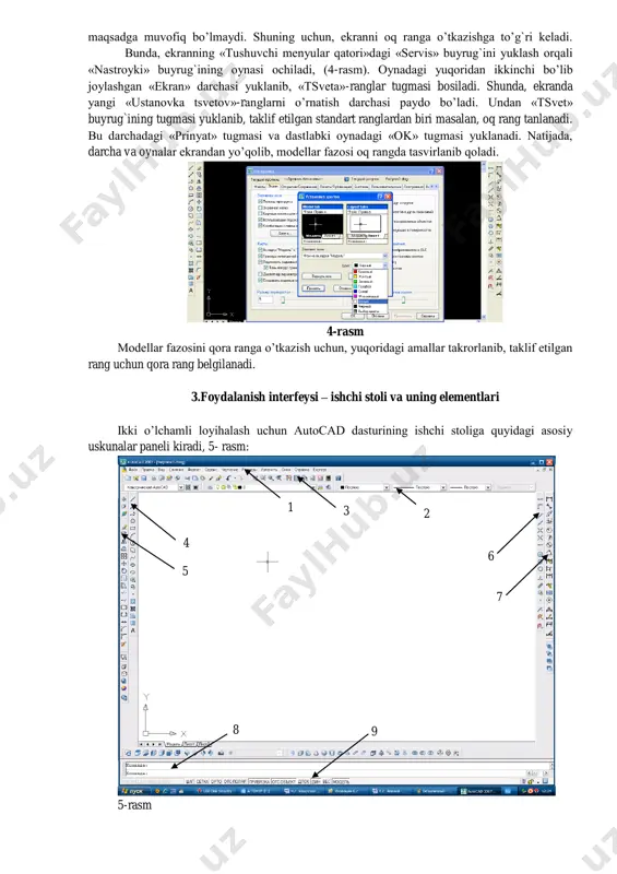 adagi «ok» tugmasi yuklanadi. natijada, darcha va oynalar ekrandan yo’qolib, modellar fazosi oq rangda tasvirlanib qoladi. 4-rasm modellar fazosini qora ranga o’tkazish uchun, yuqoridagi amallar takrorlanib, taklif etilgan rang uchun qora rang belgilanadi. 3.foydalanish interfeysi – ishchi stoli va uning elementlari ikki o’lchamli loyihalash uchun autocad dasturining ishchi stoliga quyidagi asosiy uskunalar paneli kiradi, 5- rasm: 5-rasm 1 2 5 4 8 9 3 6 7 1. tushuvchi menyular paneli 2. ob`ektlar xususiyatlari paneli – svoystva 3. standart menyular paneli – standartnoe 4. chizish uskunalari paneli – cherchenie 5. taxrirlar uskunalari paneli - izmenit 6. ob`ektlarga bog`lanish - ob`ektnaya privyazka 7. o’lcham qo’yish buyruqlari paneli - razmer 8. muloqotlar oynasi 9. holatlar qatori nazorat savollari? 1.kompyuter grafikasining vositalari nimalar kiradi? 2. autocad 2007 dasturi qanday yuklanadi? 3. modellar fazosini qora ranga o’tkazish uchun qanday amallar bajariladi? 4. ikki o’lchamli loyihalash uchun autocad dasturining ishchi stoliga qanday asosiy uskunalar paneli kiradi? …