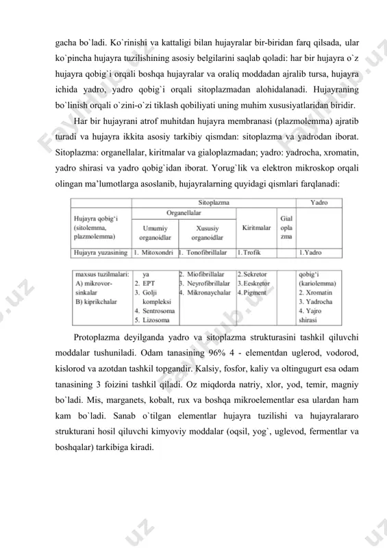 entlar va boshqalar) tarkibiga kiradi. hujayra struktur komponentlari hujayra membranasi. ko`pgina hujayra tuzilmalari membranadan iborat. barcha hujayra membranalari yagona tuzilish prinsipiga asoslangan: qalinligi o`rtacha 80-100 angstrem. elektron mikroskop orqali qaralganda 3 qavatni farqlash mumkin: 2ta tashqi elektron to`q va ular orasidagi elektron och zona. membrananing bu qavatlari qalinligi o`rtacha 25 angstrem. kimyoviy tahlillarga ko`ra turli hujayra membranalari tarkibida 60% oqsil, 40% gacha yog` va 1-5% uglevod bo`ladi. membrananing asosini ikki qator joylashgan lipid molekulalari tashkil etadi. lipid molekulalarining suvda erimaydigan gidrofob qismlari membrananing ichki tomonida bir-biriga qarama-qarshi, suvda eriydigan gidrofil qismlari esa membrananing ikki tashqi tomonida joylashgan. bunday tuzilish o`z-o`zidan membranada bilipid qavatni hosil qiladi. lipidlar turlicha bo`lib, ularga fosfolipidlar, sfingomielinlar, xolesterin kiradi. oqsil molekulalari membranada har xil tartibda joylashadi. ularning ba’zilari lipid qatlamlarining tashqi va ichki yuzalarida joylashadi, ayrimlari membranaga botib kirgan (yarimintegral oqsillar) bo`ladi. bajaradigan funksiyasiga ko`ra oqsillar struktur, ferment, transport va retseptor oqsillarga bo`linadi. membrananing tashqi yuzasidagi …