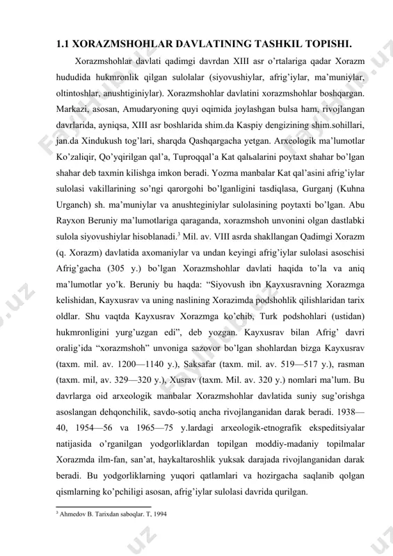 oid arxeologik manbalar xorazmshohlar davlatida suniy sug’orishga asoslangan dehqonchilik, savdo-sotiq ancha rivojlanganidan darak beradi. 1938—40, 1954—56 va 1965—75 y.lardagi arxeologik-etnografik ekspeditsiyalar natijasida o’rganilgan yodgorliklardan topilgan moddiy-madaniy topilmalar xorazmda ilm-fan, san’at, haykaltaroshlik yuksak darajada rivojlanganidan darak beradi. bu yodgorliklarning yuqori qatlamlari va hozirgacha saqlanib qolgan qismlarning ko’pchiligi asosan, afrig’iylar sulolasi davrida qurilgan. [3: ahmedov b. tarixdan saboqlar. t, 1994] iii asrda xorazm hududida iqtisodiy-siyosiy jihatdan mustaqil bo’lib olgan bir nechta hokimliklar vujudga kelgan. tuproqqal’a saroyi zallarining birida boshiga toj kiygan va qo’lida burgut ushlagan podsho haykalining topilishi, shuningdek, anqaqal’a yaqinida ham boshida toj, qo’lida burgut ushlagan kishi rasmi solingan tanganing topilishi va shu joyda earb qilinganligi mahalliy sulola hokimiyati o’rnatilganligidan guvohlik beradi. topilgan tangalarda lotin alifbosidagi “s” harfiga o’xshash siyovushiylar tamg’asining borligi, bu sulola siyovushiylar avlodidan bo’lishi mumkinligini kzrsatadi. mil. iii asr o’rtalarida kushon podsholigidagina emas, balki butun o’rta sharqda katta siyosiy o’zgarishlar ro’y beradi. kushonlar sulolasi bilan bir vaqtda arshakiylarning …