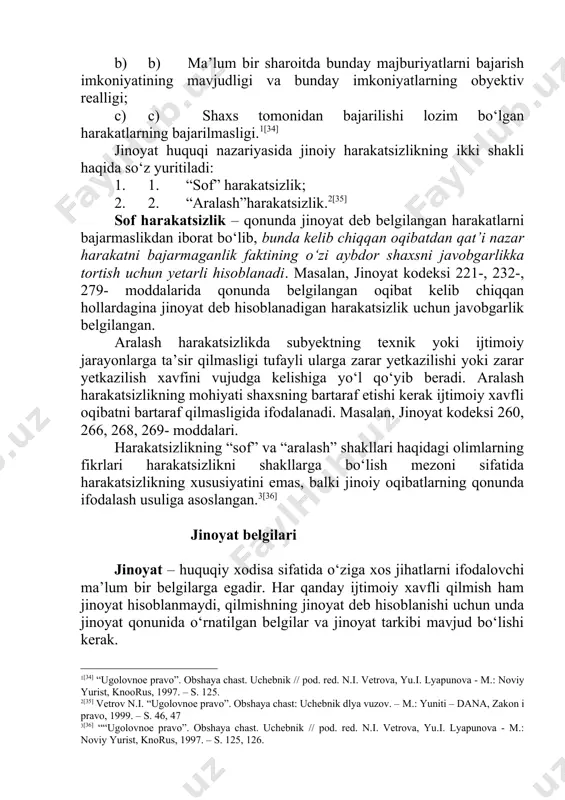 xos jihatlarni ifodalovchi ma’lum bir belgilarga egadir. har qanday ijtimoiy xavfli qilmish ham jinoyat hisoblanmaydi, qilmishning jinoyat deb hisoblanishi uchun unda jinoyat qonunida o‘rnatilgan belgilar va jinoyat tarkibi mavjud bo‘lishi kerak. o‘zbekiston respublikasi jinoyat kodeksida jinoyat belgilarini mustahkamlovchi maxsus modda mavjud emas. shu sababdan jinoyat belgilari jinoyat qonunida jinoyatga berilgan ta’rif asosida aniqlanadi. o‘zbekiston respublikasi jinoyat kodeksi 14-moddasi 1-qismida jinoyatga quyidagicha ta’rif berilgan: “jinoyat kodeksi bilan taqiqlangan, aybli ijtimoiy xavfli qilmish (harakat yoki harakatsizlik) jazo qo‘llash tahdidi bilan jinoyat deb topiladi.” jinoyat qonunida berilgan jinoyat tushunchasi uchta jinoyat-huquqiy institutdan iborat: ·  jinoyat qonuni; ·  jinoyat; ·  jazo institutlari. ammo shuni alohida ta’kidlash joizki, faqat ijtimoiy xavfli oqibatlar keltirib chiqargan qilmishlargina jinoyat hisoblanmay, balki qonun bilan qo‘riqlanadigan obyektga real zarar yetkazish xavfini keltirib chiqaradigan ijtimoiy xavfli qilmishlar ham jinoyat hisoblanadi. o‘zbekiston respublikasi jinoyat kodeksi 14-moddasi 2-qismida “ushbu kodeks bilan qo‘riqlanadigan obyektlarga zarar yetkazadigan yoki shunday zarar yetkazish real …