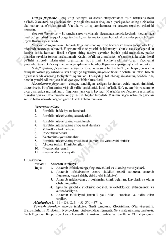 yalovchi terapiya vositalari (novokain qamallari, trankvilizatorlar va boshq.) yordamida organizm sensibilizasiyasini va asab tizimi periferik va markaziy bo’linmalarining haddan ziyod qo’zg’alishini yo’qotish. yuqorida keltirilgan muolajalar va chora – tadbirlar to’liq oqsilli, uglevodli, yog’ va vitamin – mineralli oziqlantirishda, hamda to’g’ri saqlash va ekspluatasiyasida o’tkazilishi lozim. 4. yiringli infeksiyaning asosiy shakllari. yiringli infeksiya– kasallikni chaqiruvchi mikroblarning asosiy xususiyatlaridan biri bo’lib, u kislorod mavjud bo’lgandagina rivojlana oladi. bu infeksiya asosan mahalliy o’zgarishlarni chaqirib, faqat ayrim hollardagina umumiy infeksiya holatiga o’tadi. yiringli infeksiyaning boshlanishiga asosan teri va shilliq pardalar jarohatlanishi natijasida yuqumli kasallikning chaqiruvchilari organizmiga tushishi sabab bo’ladi. aerob mikroblar tarkibiga stafilokokk, streptokokk, kriptokokklar, ko’k yiring tayoqchasi, ichak tayoqchasi va yiring hosil qiluvchi mikroblar kiradi. xususan shu mikroblarning eng ashaddiysi turli xildagi stafilokokklar (tilla rang, oq, sariq va hokazo) hisoblanadi. abssess (xuppoz)–klechatka yoki boshka to’qimalarning chegaralangan yiringli yallig’lanishi. bu jarayon atrofga tarqalmay, sog’ to’qimalardan aniq chegara bilan ajralib turadi va atrofi yiringli parda …