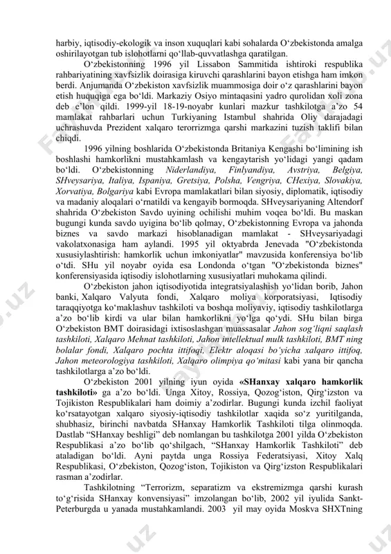 yillar mobaynida «tinchlik yo‘lida hamkorlik» dasturi doirasida o‘tkazilgan harbiy o‘quv mashqlarida o‘zbekiston qurolli kuchlari bo‘linmasining tinchlikni saqlash kuchlari o‘ndan ortiq harbiy o‘quv mashqlarida qatnashdilar. o‘zbekiston prezidenti i.a.karimovning 1999 yil 23-25 aprel kunlari aqsh ga hamda nato ning 50 yilligiga bag‘ishlab o‘tkazilgan tadbirda ishtirok etishi mamlakatimizning ertangi kuni uchun muhim ahamiyat kasb etdi. o‘zbekiston - nato munosabatlariga va uning «tinchlik yo‘lida hamkorlik» dasturida hamkorlik qilish, bu natoga a’zo bo‘lish emas. o‘zbekiston - nato munosabatlarining asl mohiyati davlatimizning xavfsizligi va tinchligini ta’minlash, qolaversa mintaqada barqarorlikni qaror toptirish uchun shart-sharoitni imkon qadar kengaytirish va mustahkamlashdan iborat ekanligini ta’kidlandi. mustaqillik yillarida o‘zbekistonning "tinchlik yo‘lida hamkorlik" dasturida ishtiroki markaziy osiyo mintaqasida kollektiv xavfsizlik va barqarorlikning keng tizimini vujudga keltirishni rejalashtirishda o‘zbekistonning ishtirokini kafolatladi. prezidentimiz ta’biri bilan aytganda, "nato bilan hamkorlik qilish harbiy-siyosiy voqealardan xabardor bo‘lib turish, bu uyushma doirasida amalga oshirilayotgan tadqiqotlar va ishlanmalardan bahramand bo‘lish uchun imkon beradi". nato bosh kotibi x.solana va aqshning …