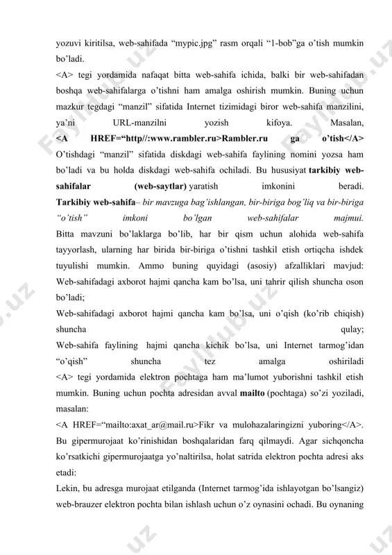 amiz. · background - fon sifatida biror bir grafik tasvirdan foydalanish. parametr qiymati sifatida grafik tasvir joylashgan manzil (url) beriladi. · text - tasvirlanayotgan matn rangi. · link - web sahifadagi matnli gipermurojat rangi. · vlink-foydalanuvchi tomonidan oldin murojat qilingan gipermurojaat rangi. · alink - foydalanuvchi tomonidan tanlangan gipermurojaat rangi. · lang – web sahifa matni yozilgan tilni aniqlash. html hujjatining kodida biz hamisha biror bir bezak ob’ektlarining o’lchamlarini yoki ularning ranglari xususiyatlarini ko’rsatishimizga to’g’ri keladi. html tilida rang va o’lchov birliklarini qo’llashning standart qoidasi mavjud. rang berishning ikkita usuli mavjud. ko’p qo’llaniladigan usul kerak rangning rgb kodini ko’rsatishdir. ma’lumki har qanday rangni uchta asosiy: qizil, yashil va ko’k ranglarning qorishmasidan hosil qilish mumkin. brauzerlar bizga un olti milliondan ortiq rangni tasvirlash imkonyatini beradi, chunki asosiy 3 ta rangdan har birining qiymati 0 dan 255 gacha qiymat qabul qiladi. ixtiyoriy rang har biri asosiy ranglarning ulushini ifodalovchi 3 ta son …