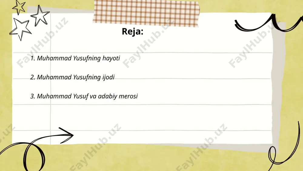 madaniy merosining muhim qismi bo‘lib, sho‘irlik san’ati va xalq dardini kuylashda ulkan ahamiyatga ega. ... t.me/slaydai_bot 4. muhammad yusufning she'riyati muhammad yusuf (1954-2001) zamonaviy o'zbek adabiyotining taniqli shoiri hisoblanadi. u o'z ijodida xalqona tushuncha va tuyg'ularni ifodalashda yuksak mahorat ko'rsatgan. yusufning she'rlari sevgi, milliylik, vatanparvarlik va insoniy qadriyatlar mavzulariga bag'ishlangan. 3 ta hajviy, 7 ta nazm, va 2 ta dramatik asar muallifi sifatida ko'plab adabiy mukofotlarga sazovor bo'lgan. uning asarlari 12 tilda chop etilgan. shoirning mashhur to'plamlari "oq gullar" va "uyqudagi qiz" bo'lib, ular 80-yillardan boshlab o'quvchilar orasida keng tarqalgan. muhammad yusufning ijodi o'zbek xalqining milliy qadriyatlari va madaniyatini aks ettiradi. muhhammad yusuf talaba: rahimova nozima e'tiboringiz uchun raxmat! image1.png image2.png image3.png image4.png image5.png image6.jfif /docprops/thumbnail.jpeg