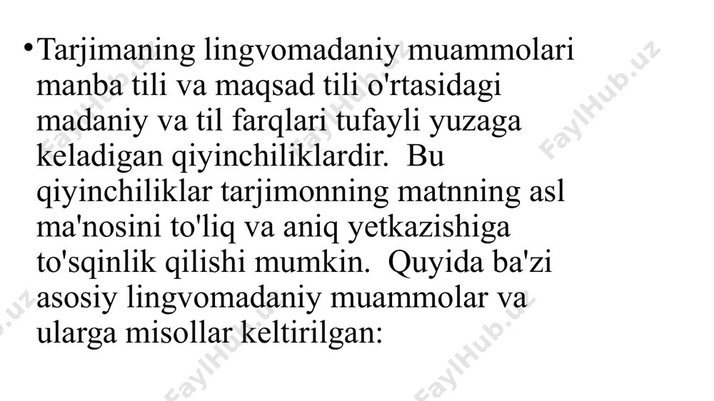 di. to'g'ridan-to'g'ri tarjima qilish ko'pincha kulgili yoki kinoyali ma'noni buzadi yoki umuman yo'qotadi. quyida misollar keltirilgan: ovoz ohangiga bog'liq sarkazm manba matni (inglizcha): "oh, fantastic!" (said sarcastically after something bad happened). noto'g'ri tarjima (o'zbekcha): "oh, ajoyib!" (this misses the sarcasm entirely.) to'g'ri tarjima (o'zbekcha): "ha, ajoyib-a!" (with appropriate intonation to convey sarcasm), or "qani endi ajoyib bo'lsa edi!" (this implies the opposite meaning). manba matni (o'zbekcha): "juda a'lo ish qildingiz!" (said sarcastically after a mistake). noto'g'ri tarjima (inglizcha): "you did a great job!" (this misses the sarcastic tone) to'g'ri tarjima (inglizcha): "oh, fantastic work!" (with appropriate intonation), or "that was just brilliant!" (said with a clearly sarcastic tone). 7. siyosiy va ijtimoiy to'g'riligi (political and social correctness): siyosiy va ijtimoiy to'g'rilik tushunchalari nisbiy va kontekstga bog'liq bo'lishi mumkin. ba'zi bir harakatlar yoki siyosatlar bir jamiyatda to'g'ri deb hisoblansa, boshqasida shunday bo'lmasligi mumkin. shu sababli, ushbu misollar umumiy tushunchalarni aks ettiradi …