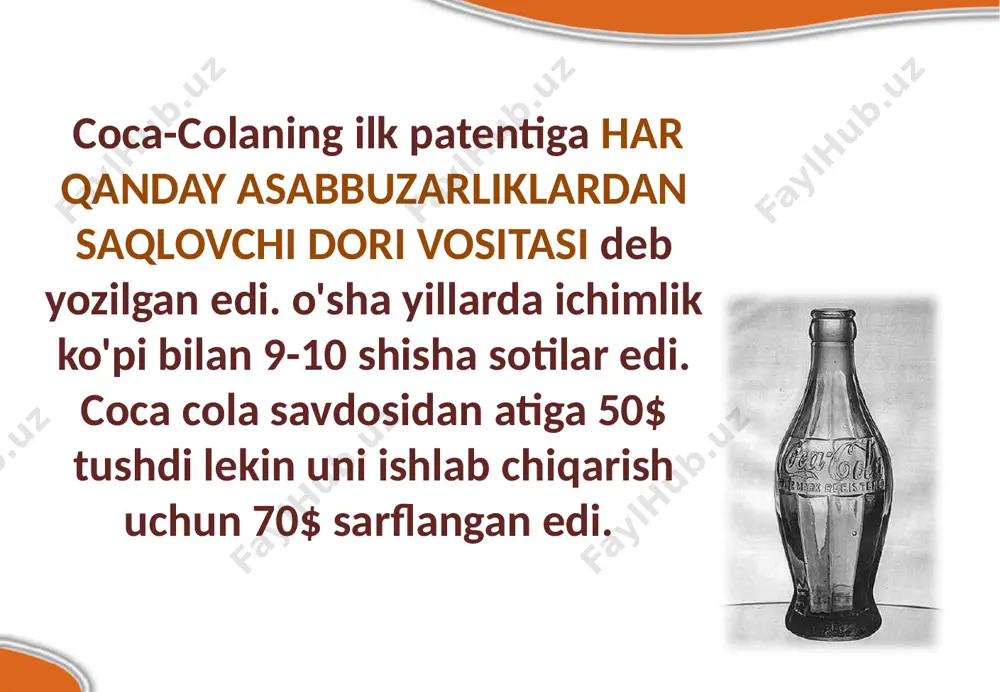 frikadagi bo'linmaga boshchilik qiladi.osiyo-tinch okeani guruhi prezidenti etib janubiy lotin amerikasidagi operatsiyalar uchun mas'ul jon myorfi tayinlandi. “ushbu o'zgarishlar ichimliklar biznesi ahamiyatining oshib borayotganligi, shuningdek, kompaniyada qanchalik ko'p katta tajribaga ega top-menejerlar ishlayotganligini ko'rsatadi”, — deya ma'lum qilgan coca-cola direktorlar kengashi raisi muxtor kent. agar siz shu paytgacha ishlab chiqarilgan «coca-cola» idishlarni bir-biriga ulab zanjir xosil qilsangiz, bu zanjir bilan yerdan turib oyga 1000 marotaba borib kelish mumkin; «coca-cola» termini butun dunyo bo'yicha ikkinchi o'rinda turadi. birinchi o'rinda «ok» so'zi turadi; interbrand agentligi versiyasi bo'yicha dunyoning eng qimmat brendlari reytingi bilan tanishing: 1. apple — 98 milliard 316 million dollar 2. google — 93 milliard 291 million dollar 3. coca-cola — 79 milliard 213 million dollar 4. ibm (international business machines) — 78 milliard 808 million dollar 5. microsoft — 59 milliard 546 million dollar 6. general electric — 46 milliard 947 million dollar 7. mcdonald's — 41 milliard 992 …