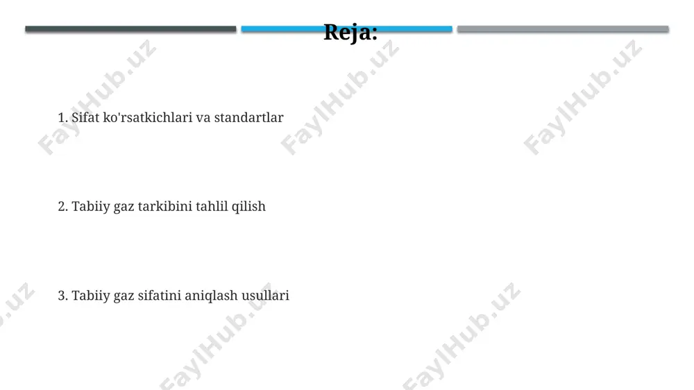 ifatini aniqlashda, energiya qiymati (kaloriligi) 8000-9000 kkal/m³ oralig‘ida bo‘lishi kerakligini hisobga olinadi. gaz tarkibini tahlil qilishda gaz xromatografiyasi usuli qo‘llaniladi, bu usul yordamida metan (ch₄), etan (c₂h₆), propan (c₃h₈) kabi tarkibiy qismlar miqdori 0,01% gacha aniqlikda, masalan, buxoro gaz koni gazida aniqlanadi. asosiy sifat ko'rsatkichlari табиий газ сифатини аниқлашда унинг куйиш иссиқлиги (кал/м³) муҳим кўрсаткич бўлиб, бу кўрсаткич ўртача 8000-9000 кал/м³ атрофида бўлади ва бу миқдор газ конларининг географик жойлашувига боғлиқ. газдаги кукирт миқдори (ppm) ҳам асосий сифат кўрсаткичларидан бири ҳисобланади. бу кўрсаткич европа стандартлари бўйича 15 ppm дан ошмаслиги керак ва бу стандартлар ўзбекистоннинг газ таъминоти тизимида ҳам қўлланилади. метан (ch₄) миқдорининг фоиздаги улчами (одатда 90% дан юқори) газ сифатини аниқлашда муҳим аҳамиятга эга. бу кўрсаткич, масалан, сургат газ конларидаги табиий газ учун 95% дан юқори бўлиши мумкин. sifat standartlari va me'yorlar evropa ittifoqining en standartlari, tabiiy gaz tarkibidagi suv bugʻi miqdorini, masalan, 70 mg/m³ dan oshmasligini belgilaydi va …