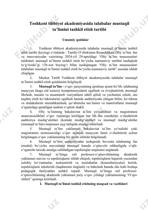 i rivojlantirish, mustaqil bilim olish va innovatsion faoliyatni shakllantirishga imkon beruvchi kasbiy kompetensiyalarni shakllantirishga erishish; muayyan sohaga oid masala va muammoli vaziyatni chuqur tahlil qilish hamda uni hal etishning maqbul yo‘llarini izlab topishga qodir yetuk mutaxassisni tarbiyalash; talabalarning mustaqil fikrlash qobiliyatini shakllantirish; talabalarda umummadaniy va kasbiy kompetensiyalar, mustaqil faoliyat yuritish va kreativ fikrlash ko‘nikmalarining rivojlanishini ta’minlash. mustaqil ta’limni tashkil etish jarayonini boshqarish 10. dekanat (registrator ofis) tomonidan talabalarning mustaqil ta’limini tashkil etishda quyidagi vazifalar amalga oshirilishi lozim: mustaqil ta’lim topshiriqlarining bajarilishini elektron tizim orqali monitoring qilish va monitoring natijalarini fakultet kengashida tanqidiy ruhda tahlil qilib borish; ta’lim yo‘nalishlari (mutaxassisliklar)dan kelib chiqib mustaqil ta’limni amalga oshirish holatini muntazam o‘rganib borish, tahlil qilish, zarur hollarda talabalar o‘rtasida onlayn so‘rovnomalar o‘tkazish hamda kamchiliklar aniqlangan taqdirda ularni bartaraf qilish yuzasidan tezkor choralar ko‘rish. 11. kafedra mudiri tomonidan mustaqil ta’limini tashkil etishda quyidagi vazifalar amalga oshirilishi lozim: fanlar kesimida mustaqil ta’lim topshiriqlari uchun uslubiy ko‘rsatmalar, …