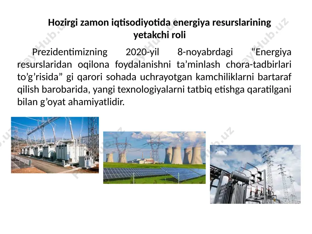 linadi: to’lqinlar energiyasi va suv sathining ko’tarilib-tushish energiyasi. okean va dengizlardagi to’lqinlar energiyasidan foydalanish k.e.sialkovskiy tomonidan 1935-yilda taklif qilingan. 1985-yilda dunyoda birinchi marta norvegiyada 850 kvt quvvatli to’lqinlar elektrostansiyasi ishga tushirilgan. hozirgi kunda dunyodagi barcha to’lqinlar elektrostansiyalar ishlab chiqaradigan quvvat, dunyoda ishlab chiqariladigan quvvatning 1 % ni tashkil qiladi. kam quvvat ishlab chiqarilishning asosiy sababi, uning juda suv sathi energiyasi quyosh, yer va oyning bir chiziqda turib qolgan vaqtida okean va dengizlardagi suv sathlari ko’tarilib tushadi. mana shu tabiatda sodir bo’ladigan jarayondan foydalanib ham elektr energiya ishlab chiqarish mumkin. buning uchun dengizning biror qo’ltig’i to’g’on bilan berkitiladi. suv sathi ko’tarilganda, to’g’on asosiga joylashtirilgan gidroagregatlardan suv qo’ltiqqa o’tadi va ma’lum miqdorda elektr energiya ishlab chiqariladi. dengizdagi suv sathi tushganda qo’ltiqdagi suv dengizga gidroagregatlardan o’tkaziladi va yana ma’lum miqdorda elektr energiya ishlab chiqariladi. shunday qilib sikl takrorlanaveradi. energiya va xomashyo muammolarining vujudga kelishi bular avvalo insoniyatni yoqilg’i va xomashyo bilan mustahkam ta’minlash …