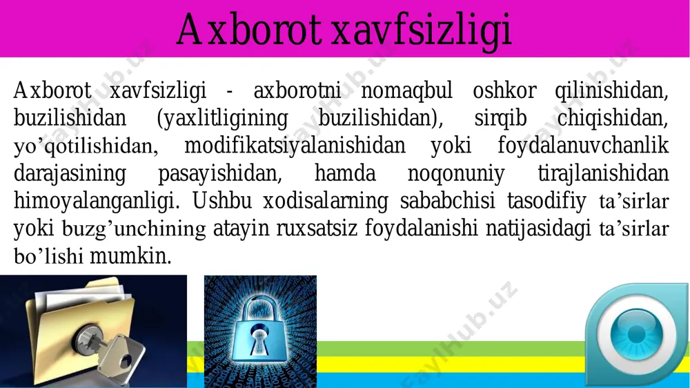 ar) - parolni qayta ishlatmang. identifikatsiya identifikatsiya (identification) - foydalanuvchini uning identifikatori (nomi) bo‘yicha aniqlash jarayoni. bu foydalanuvchi tarmoqdan foydalanishga uringanida birinchi galda bajariladigan funksiyadir. foydalanuvchi tizimga uning so‘rovi bo‘yicha o‘zining identifikatorini bildiradi, tizim esa o‘zining ma’lumotlar bazasida uning borligini tekshiradi. autentifikatsiya autentifikatsiya (authentication) – ma’lum qilingan foydalanuvchi, jarayon yoki qurilmaning haqiqiy ekanligini tekshirish muolajasi. bu tekshirish foydalanuvchi (jarayon yoki qurilma) haqiqatan aynan o‘zi ekanligiga ishonch xosil qilishiga imkon beradi. autentifikatsiya o‘tqazishda tekshiruvchi taraf tekshiriluvchi tarafning xaqiqiy ekanligiga ishonch hosil qilishi bilan bir qatorda tekshiriluvchi taraf ham axborot almashinuv jarayonida faol qatnashadi. avtorizatsiya tushunchasi. • avtorizatsiya - foydalanuvchining resursdan foydalanish huquqlari va ruxsatlarini tekshirish jarayoni. bunda foydalanuvchiga hisoblash tizimida ba’zi ishlarni bajarish uchun muayyan huquqlar beriladi. avtorizatsiya shaxs harakati doirasini va u foydalanadigan resurslarni belgilaydi. kompyuter virusi kompyuter virusi – bu o’z-o’zidan ko’payuvchi, kompyuter tarmoqlari va axborot tashuvchilari orqali erkin tarqaluvchi, hamda kompyuter va unda saqlanayotgan axborot va dasturlarga zarar …