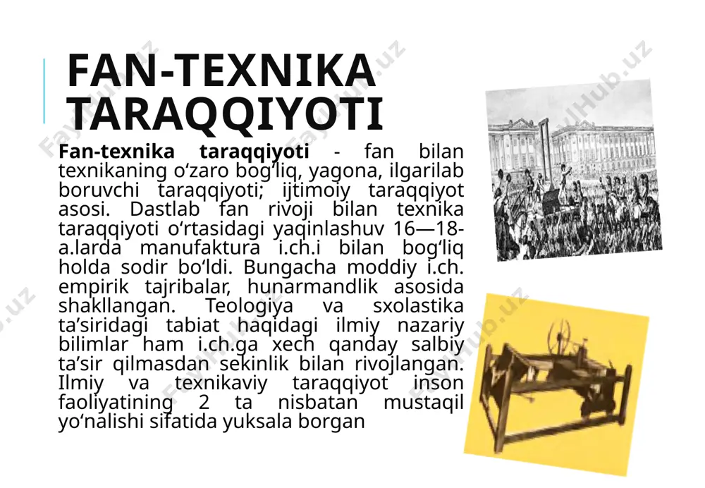 ishtirok etadi. f.t.t., shuningdek, ijtimoiy fanlar yoʻnalishlari, iqtisod va i.ch.ni tashkil qilish, iqtisodiy va ijtimoiy jarayonlarni ilmiy boshqarish, aniq ijtimoiy tadqiqotlar kabilarga bilvosita taʼsir qiladi. fanning texnikaga nisbatan yetakchilik mavqei yanada yorqin namoyon boʻladi, fan texnikani uzluksiz inqiloblashtiruvchi kuchga aylanadi. elektr sanoati elektr sanoati — texnikaning yangi muvaffaqiyatlari uchun eng xos narsadir. bu sanoat yuksak darajada taraqqiy qilgan mamlakatlar nihoyatda tez rivojlandi. sanoatning rivojlanishi fabrika, zavod, savdo joylari va idoralarning sun’iy yoritkichlarga bo’lgan talabini yil sayin oshirib bordi. 1876- yilda rus ixtirochisi p.n.yablochkovning (1847-1894) «elektr shami» deb atalgan lampasi — yorug’likning yangi manbayi sifatida vujudga keltirildi. yablochkov «shami» ikki soatcha yonib turardi. xix asrning oxirlarida yoy lampalar o’rniga tejamli va foydalanish birmuncha qulay lampalar — cho’g’lanish lampalari ishlatila boshlandi. amerikalik mashhur texnik ixtirochi t.edison (1847—1931) bir necha yilgi izlanishlardan keyin, 1879- yilda havosi so’rib olingan, ko’mir tolali cho’g’lanish lampasining yangi turini yaratishga muvaffaq bo’ldi. u 1882- yilda nyu-yorkda birinchi issiqlik …