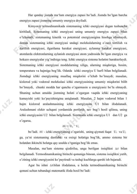 g’ich va oxirgi holatlarigagina bog’lik, lekin boshlang’ich holatdan oxirgi holatga qanday yo’l bilan o’tilganiga bog’lik emas. masalan, uglerod kislorodda yondirilganda karbonat angidrid ikki xil yo’l bilan hosil bo’lishi mumkin: 1) c+ o2 = co2 + q 2) c + o2 = co + q1 co + o2 = co + q2 gess qonuniga ko’ra q = q1 + q2. moddalar o’zaro reaktsiyaga kirishib boshqa moddalarga aylanishida qancha issiqlik chiqishi yoki yutilishini aniqlash uchun gess qonuniga ko’ra, boshlang’ich va oxirgi moddalarning hosil bo’lish issiqligini bilish kerak. masalan : сн4 + 2о2 = со2 + 2н2о + q reaktsiyada moddalarning elementlardan hosil bo’lish issiqliklari quyidagicha: с + 2 н2 = сн4 + 74,555 кж с + о2 = со2 + 393,768 кж 2н2 + о2 = 2н2о + 2 ∙ 285,96 reaktsiyaning issiqlik effekti : q = q + q – q = 890,951 кж demak, gess qonuniga ko’ra, reaktsiyaning issiqlik effekti …