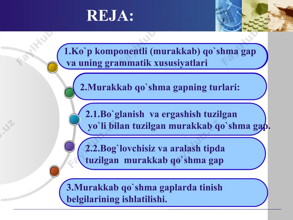 ltirilgan misol 3 ta komponent murakkab qo‘shma gap tarkibida qatnashib, birinchisi ikkinchisiga teng bog‘lovchi vazifasidagi –yu yuklamasi bilan, ikkinchisi uchinchisiga va bog‘lovchisi bilan bog‘langan. hamma keldi-yu, sattor kechikayotgan edi, lekin biz ishni boshlashga qaror qildik. ergashgan qo‘shma gap toifasidagi (ergashish yo‘li bilan tuzilgan) murakkab qo‘shma gaplar 1 ergashgan qo‘shma gap toifasidagi (ergashish yo‘li bilan tuzilgan) murakkab qo‘shma gapda ergash gap bir necha bo‘lib, ular bitta bosh gapga tobelanadi. 2 qo‘shma gapning bu turi bir necha ergash gapli qo‘shma gap deb ham yuritiladi. 3 ot to‘xtaganida, u kuch yig‘ib olsin deb, tanaboy kutib turar ... edi. (ch.aytmatov). www.themegallery.com company logo bir necha ergash gapli qo‘shma gapda ergash gaplarning bosh gapga bog‘lanishi ikki xil bo‘ladi: birgalik ergashish ketma-ket ergashish birgalik ergashishda qo‘shma gap tarkibidagi bir necha ergash gaplar biri ikkinchisi bilan grammatik aloqaga kirishmay, to‘g‘ ridan-to‘g‘ ri bosh gapga bog‘lanadi. kimki o`z vatanini sevsa, kimki xalqi uchun jonini fido qilsa, u qahramon …