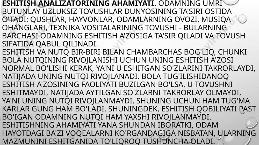 u tashqi quloq yo'lini o'rta quloq bo'shlig'idan ajratib turadi. o'rta quloq bo'shlig'i evstaxiy naychasi yordamida burun halqumga tutashgan. o'rta quloqda bir-biri bilan ketma-ket birikkan uchta eshitish suyakchalari (bolg'acha, sandon, uzangi) tovush to'lqinlari ta'sirida nog'ora pardada hosii bo'igan tebranishni ichki quloqqa o'tkazadi. lchki quloq - bo'shliq va ilonizisimon kanalchalar sistemasidan, ya'ni suyak labirintdan iborat. suyak labirintning ichida parda labirint joylashgan, ular orasidagi torgina bo'shliqda perilimfa suyuqligi bo'ladi. parda labirintning ichida esa endolimfa suyuqligi bo'ladi. suyak labirintda chig'anoq bo'lib, uning ichida tovushni sezuvchi hujayralar, ya'ni eshitish retseptorlari joylashgan. suyak labirintning dahliz va yarim doira kanalchalar deb ataluvchi qismidagi xaltasimon tuzilmalarda odam tanasining fazodagi muvozanatini ta'minlovchi vestibulyar analizator retseptorlari joylashgan. muvozanat a'zosining ahamiyati. muvozanat a'zosi vestibulyar analiza tor deb ham ataladi. u odam tanasining fazoda ma'ium muvozanatda bo'lishini ta'minlaydi. tik turganda, yurganda, yugurganda, sakraganda, raqsga tushganda, narvondan yuqoriga ko'tarilganda va pastga tushganda, arg'imchoq uchganda, suvda suzganda, daraxtga chiqqanda, turnikda gimnastika mashqlarini bajarganda, har …