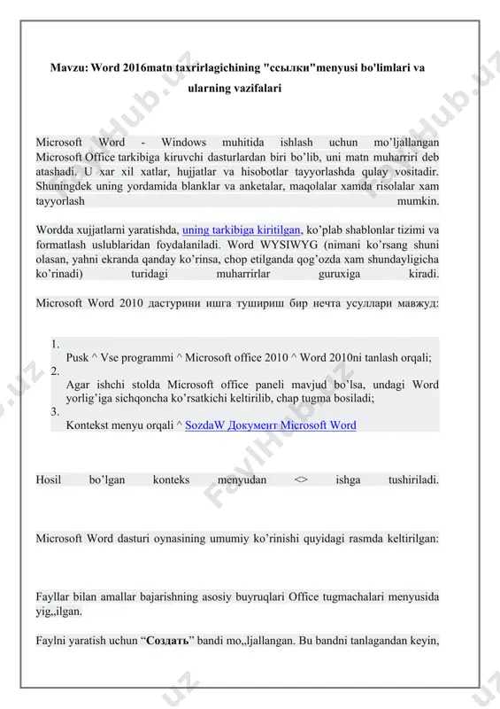 t asosida yangi fayl yaratishdir. buning uchun “из существующего документа” bandidan foydalanib, diskdan yangi fayl yaratish uchun, kerak bo„ladigan faylni olish mumkin. bunda olingan faylning tarkibi yangi hujjatda joylashadi. faylni yaratishning bunday usuli mavjud fayl asosida yangi hujjat yaratish uchun qulay hisoblanadi. word 2007 versiyasi word matn muharririning oldingi hamma versiyalarida, yaratilgan hujjatlar bilan ishlaydi. agar oldingi versiyada yaratilgan hujjatlarni word 2007da ochish kerak bo„lsa, unda funksianal chegaralangan rejim ishga tushuriladi. bu to„g„ridagi ma’lumot ushbu matn muharririning sarlavha satrida ko„rinadi. bu rejimda dasturning ba’zi funksiyalarini qo„llash mumkin emas. word 2007 ning hamma funksiyalarini ishlatish uchun faylni konvertatsiyalash lozim bo„ladi. buning uchun “office” tugmasini bosish va asosiy menyudan “преобразовать” bandini tanlash kerak. natijada sarlavha satrida funktsional chegaralanish to’g’risida yozuv o’qiladi va siz dasturning hamma funksiyalarini ishlatishingiz mumkin bo’ladi. diqqat: agar matn muharririning oldingi versiyalarida saqlangan fayl ochilgan bo’lsa, “преобразовать” bandi qatnashishi mumkin. word dasturi matnni bir necha usullar bilan ajratishi mumkin. …