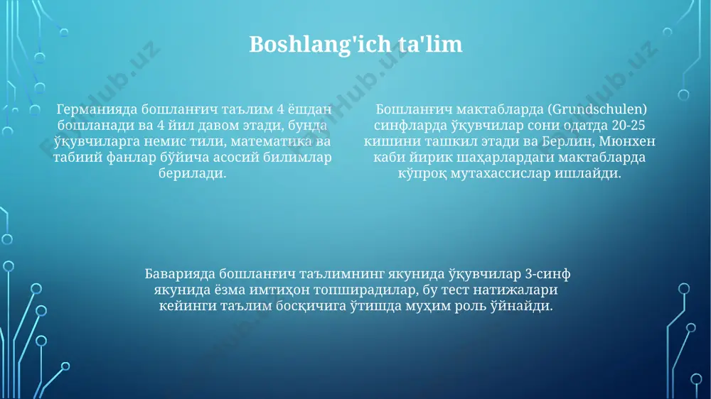 darajasini 4 yilda, magistratura darajasini esa 2 yilda tugallash imkoniyatini taqdim etadi. oʻzbekistondagi oliy ta'lim muassasalarining 20% dan ortigʻi toshkent shahrida joylashgan boʻlib, ularning 15000 dan ortiq professor-oʻqituvchilari mavjud. 2023 yilda oʻzbekistonning 5 ta oliy ta'lim muassasasi global reytinglarda yuqori oʻrinlarni egalladi, bu raqam har yili oʻsib bormoqda. ta'lim moliyalashtirilishi muntazam ta’lim muassasalarining moliyalashtirilishi o‘quvchilar soniga va ta’lim darajasiga (boshlang‘ich, o‘rta, yuqori) bog‘liq bo‘lib, masalan, berlin kabi yirik shaharlarda boshqa hududlarga nisbatan ko‘proq mablag‘ ajratiladi. kasb-hunar ta’limi muassasalarining moliyalashtirilishiga dually ta’lim tizimi (60% kompaniyalar, 40% davlat) katta ta’sir ko‘rsatadi, bu yerda o‘quvchilar nazariy bilim bilan bir qatorda amaliyot o‘tashadi. germaniyada davlat maktablari asosan federal byudjet va yerlar (länder) byudjetlari hisobidan moliyalashtiriladi, bu yerda taxminan 60% davlat, 40% esa yerlar hissasiga to‘g‘ri keladi. ta'lim sifati va baholash германияда таълим сифатини баҳолашда 8-синфдаги марказий имтиҳонлар муҳим роль ўйнайди, бу имтиҳонлар натижалари ўқувчиларнинг гимназия ёки ҳамкасблик мактабига ўтишини белгилайди ва бутун мамлакат бўйлаб …