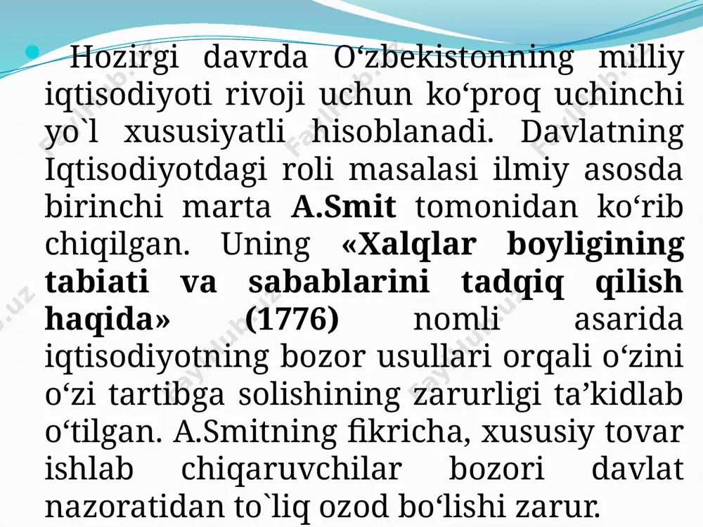 i oladigan daromadlar va qiladigan xarajatlar o‘rtasida nomutanosibliklar paydo bo‘ladi. bu kabi muammolarni hal qilishda davlat asosiy ahamiyatga ega. ya’ni, davlat jamiyatdagi daromadlar nomutanosibligini kamay- tirish vazifasini bajaradi. bu vazifalar bir nechta siyosiy tadbirlar va dasturlarda o‘z yechimini topgan. birinchidan, transfert to‘lovlari orqali yordamga muhtoj, boqimanda, nogiron va ishsizlarni nafaqalar bilan ta’minlaydi. ikkinchidan, davlat bozorga aralashuvi orqali daromadlar taqsimlanishini o‘zgartiradi. fermerlarga kafolatlanadigan baho va minimal ish haqi to‘g‘risidagi qonunchilik davlatning aholi ayrim guruhlari daromadlarini tenglashtirish maqsadida bahoni tartibga solib turishga misol bo‘la oladi. bozor iqtisodiyoti sharoitida davlat mamlakat iqtisodiyotiga bevosita aralashadi. davlatning mamlakat iqtisodiyotiga aralashuvi makroiqtisodiy siyosat orqali amalga oshiriladi. bu siyosatga asosan quyidagilarni kiritamiz: budjet; pul-kredit; dotatsiya; subvensiya; subsidiya; halq xo‘jaligi balansi; soliq mexanizmi; chegaralangan baholar va boshqalar. davlat budjet xarajatlarini (davlat xarajatlari va transfert to‘lovlari) ko‘paytirish yoki qisqartirish orqali mamlakat iqtisodiyotiga aralashadi. davlat tomonidan tartibga solishning bevosita usullari yoki budjet siyosati tovar va xizmatlarning davlat xaridi, yamm ni …