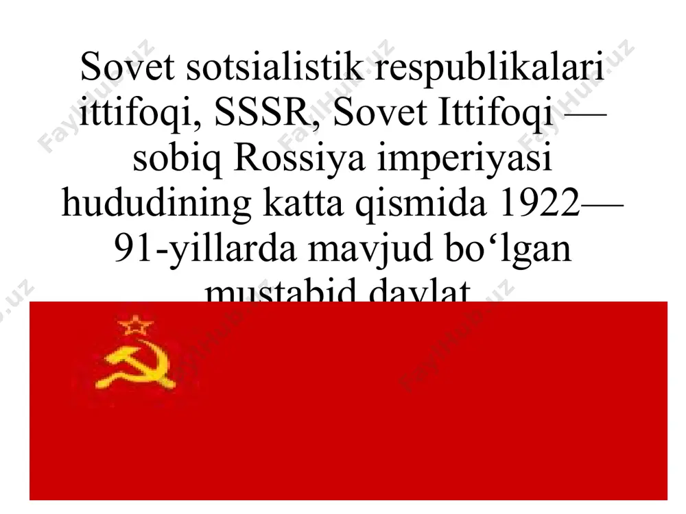 ishlari sohasi —falsafa va iqtisod. 20-yillarning boshlaridan, ayniqsa, v.i.leninning vafotidan keyin mamlakat rahbariyati orasida hokimiyat uchun keskin kurash boshlandi. rahbarlikning avtoritar usullari qaror topishi, i.v.stalin shu usullardan foydalanib, yakkaboshchilik hokimiyati rejimini kuchaytirib bordi. 1921-yilda boshlangan yangi iqtisodiy siyosat (nep) 20-yillarning oʻrtalarida toʻxtatilib, soʻng mamlakatni jadal industriyalash va qishloq xoʻjaligini zoʻrlab kollektivlashtirish (jamoalashtirish) siyosati boshlab yuborildi. kommunistik partiya davlat tuzilmasini toʻla-toʻkis oʻziga boʻysundirib oldi sssr respublikalari bayrogʻi (qarang sovet ittifoqi kommunistik partiyasi). mamlakatni tez modernizatsiyalash va boshqa mamlakatlardagi inqilobiy harakatni qoʻllab-quvvatlashni maqsad qilib qoʻygan qatʼiy markazlashtirilgan va harbiylashtirilgan totalitar ijtimoiy tuzum vujudga keldi. boshlangan ommaviy qatagʻonlar 1934-yildan keyin avj oldirildi va jamiyatning barcha tabaqalarini qamrab oldi; millionlab begunoh odamlar qamoqqa tashlandi, otildi, surgun qilindi (qarang repressiya). davlat va jamiyat hayoti tor doiraga solib qoʻyildi, bepoyon mamlakatdagi barcha ishlar markazdan tuzib beriladigan reja asosidagina yuritiladigan boʻldi, oʻta mafkuralashgan kommunistik tizim qaror toptirildi, demokratik tamoyillar oyoq osti qilindi, sud tizimi bedodlik asosiga qurildi. …
