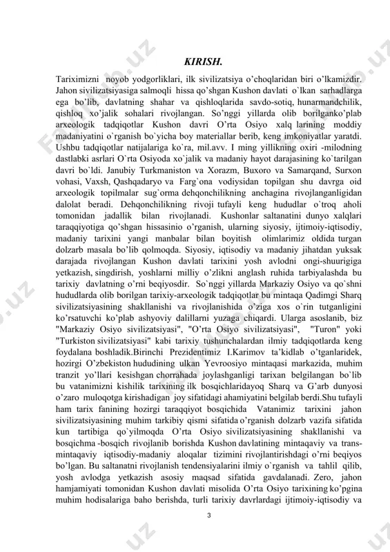lanadi. qadimiy manbalarning deyarlik barchasida kushonlarning birinchi hukm- dori kioszyukyu (uning xitoycha atalishi) kujula kadfizdir (ayrim manbalarda kudjula va kudzula). u baqtriyani egallagach, qo‘shni viloyatlar sari otlanib, sug‘diyona, marg‘iyona, hindistonning shimoli-g‘arbiy qismini ham egallaydi. sakson yil umr ko‘rib vafot etgach, o ‘rniga o‘g‘li yangaochjen (kadfiz ii) o‘tirib, hindistonning gang daryosi vodiysigacha bo‘lgan yerlarni ham bo‘ysundiradi. kadfiz ii (yangaochjen) tarixda vima kadfiz nomi bilan ham mashhur. bu nom o‘sha davrda zarb etilgan tangalarda aks etgan. kushonlar davlati podsho kanishka davrida eng qudratli saltanatga aylangan. uning davrida hindistonning janubiy qismlariga tahdid solingan.farg‘ona, sharqiy turkiston bo‘ysundirilgan, turkistonning asosiy qismlari bir siyosiy hokimiyat ostida birlashib, qudratli saltanat vujudga kelgan.kushonlar davrida harbiylar uzoqdan turib jang qilishda asqotadigan qo‘sh kamon quroli yaratilgan. suyak yoki shox bilan qoplangan murakkab bu qurol keyinchalik, uraloldi yerlari orqali shotlandiyagacha, sharqda eron, hindis- ton va xitoygacha tarqab ketgan.kushonlar davrida dehqonchilik, chorvachilik, hunarmandchilik ravnaq topgan. ayniqsa, oynasozlik rivoji bu yurt dovrug‘ini olamga …