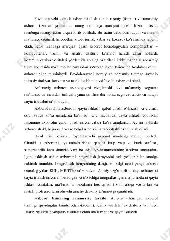 lash tezligi va ishonchligi bevosita axborot tizimining samaradorligini ta’minlaydi. birmashinali birprotsessorli axborot tizimi. eng keng tarkalgan axborot tizimi bu yagona hisoblash mashinasi negizida bulib, u ham uz navbatida bitta protsessordan iborat buladi. bu borada juda katta tajriba tuplangan, shu bois bunday axborot tizimlarini yaratish va ular uchun dasturiy ta’minotni tuzish muammo tugdirmaydi. ammo bunday axborot tizimlari samaradorligi xozirgi kunda hammani ham koniktirmayapti. hisoblash majmuisiga asoslangan axborot tizimi. hisoblash majmuisi bir necha protsessordan iborat bulib, u yagona tashki kurilmalardan va umumlashtirilgan yoki taksimlangan tezkor xotiradan iborat buladi. shuni takidlash lozimki, xozirli zamonaviy tizimlar orasida klasterli tizimlar tez rivojlanib ketdi. agar taksimlangan xotira bevosita alohida kompyuter va operatsion tizim bilan ta’minlangan bulsa, bu klasterli (clusters) tizim hisoblanadi. klasterlarda har bir blok boshqalari bilan aloka kanallari orkali boglanadi, undagi tezlik kamida 10 gbit/sek bo’ladi. afzalliklari - oddiylik va arzonligi. masalan, oddiy kompyuterlarni aloka kanali orkali , masalan ethernet orkali birlashtirib klaster yaratish mumkin. …