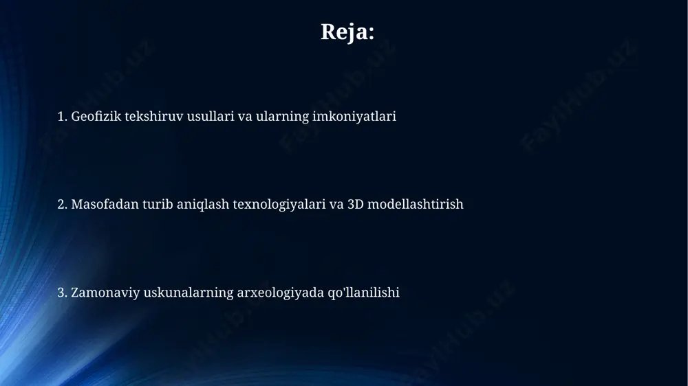 a joylashuvni aniqlashda samarqanddagi qazishmalarda qo'llanilmoqda. laboratoriya tahlillari va zamonaviy uskunalar termo-lyuminestsentsiyasi usuli bilan, xorazm viloyatidan topilgan 5000 yillik kulolchilik buyumlarining yoshi aniq o'lchanib, ularning davriga aniqlik kiritildi va madaniy qatlamlar ketma-ketligi to'g'risida ma'lumotlar olindi. mass-spektrometriya yordamida, masalan, oʻzbekistonning samarkand shahridagi arxeologik qazishmalardan olingan 2000 yildan ortiq eski sopol idishlarning tarkibi aniqlanib, ularning kelib chiqishi va ishlab chiqarish texnologiyalari haqida maʼlumot olindi. 3d modellashtirish va vizualizatsiya римдаги колизейнинг 3d моделини яратиш жараёнида 50 млн полигондан фойдаланилди, бу эса қурилишнинг барча майда-чуйда деталларини кўриш имконини берди ва 2022 йилдаги археологик конференцияда тақдим этилди. иорданиянинг петра шаҳридаги қадимги иншоотларни 3d визуализация қилиш натижасида 15000 дан ортиқ фотосуратлар ва лазерли сканерлаш маълумотларидан фойдаланилди, бу эса тадқиқотчиларга иншоотларнинг тараққиётини батафсил ўрганиш имконини берди. magnitometriya va elektroprospeksiya elektroprospeksiya usuli, 2000 khz chastotadagi elektromagnit to'lqinlardan foydalanib, misrning giza piramidalarida 10 metr chuqurlikdagi bo'shliqlarni aniqlashda muvaffaqiyatli qo'llanilgan. arxeologik tadqiqotlarda magnitometriya va elektroprospeksiyaning kombinatsiyasi, masalan, rim imperiyasi davridagi …